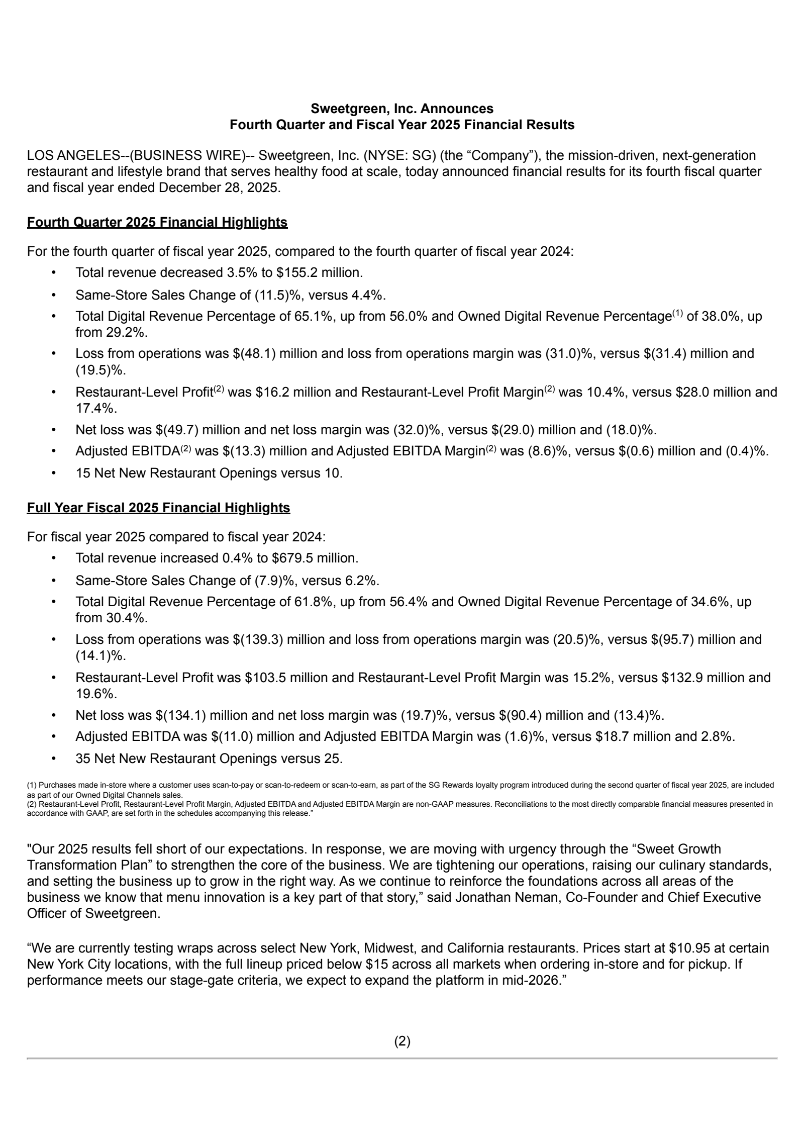 Sweetgreen's Q4 2025 Press Release