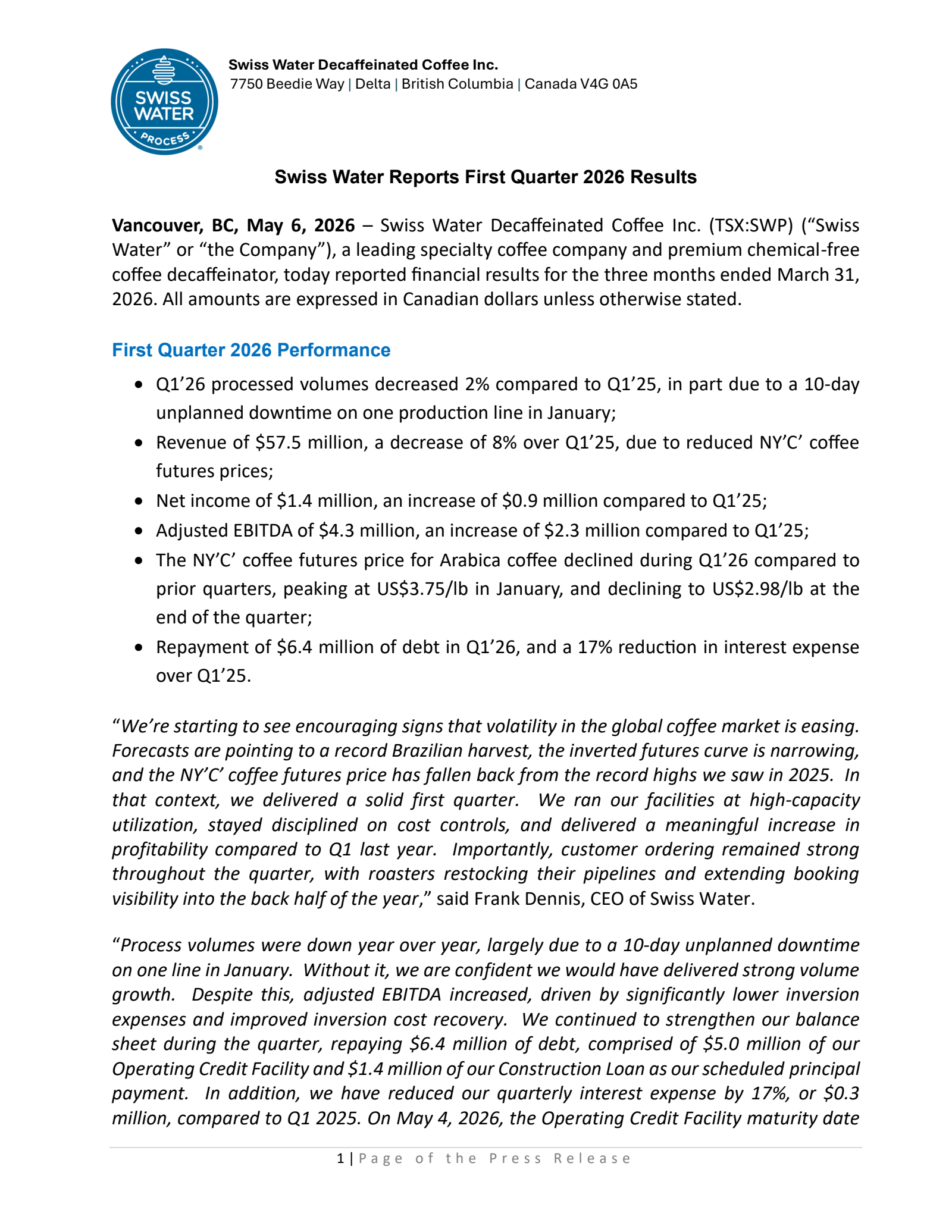 Swiss Water Decaffeinated Coffee's Q1 2026 Press Release