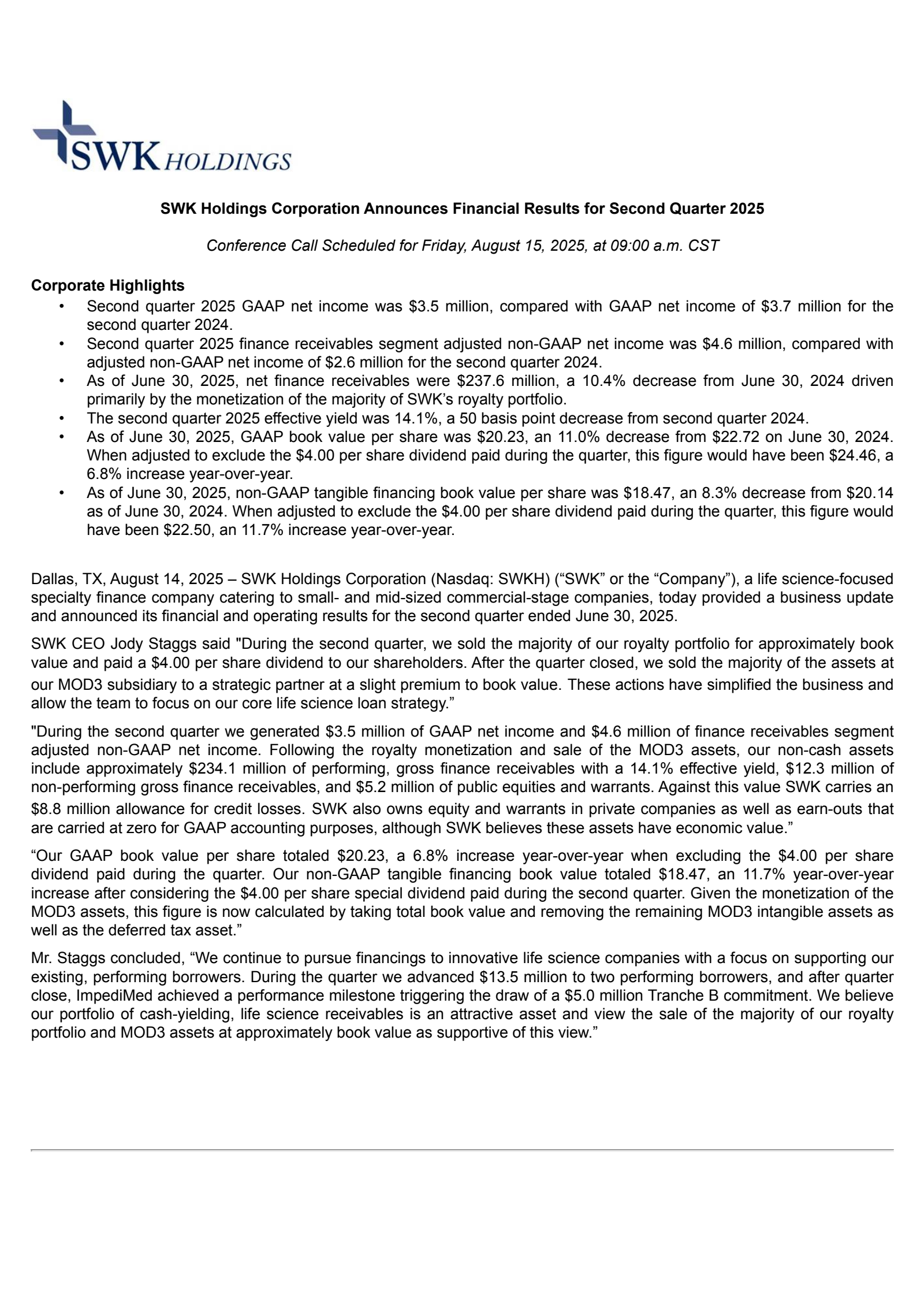SWK's Q2 2025 Press Release