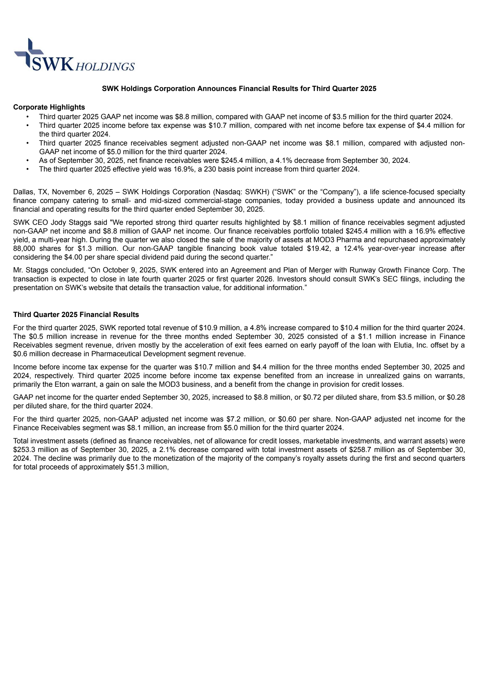 SWK's Q3 2025 Earnings Release