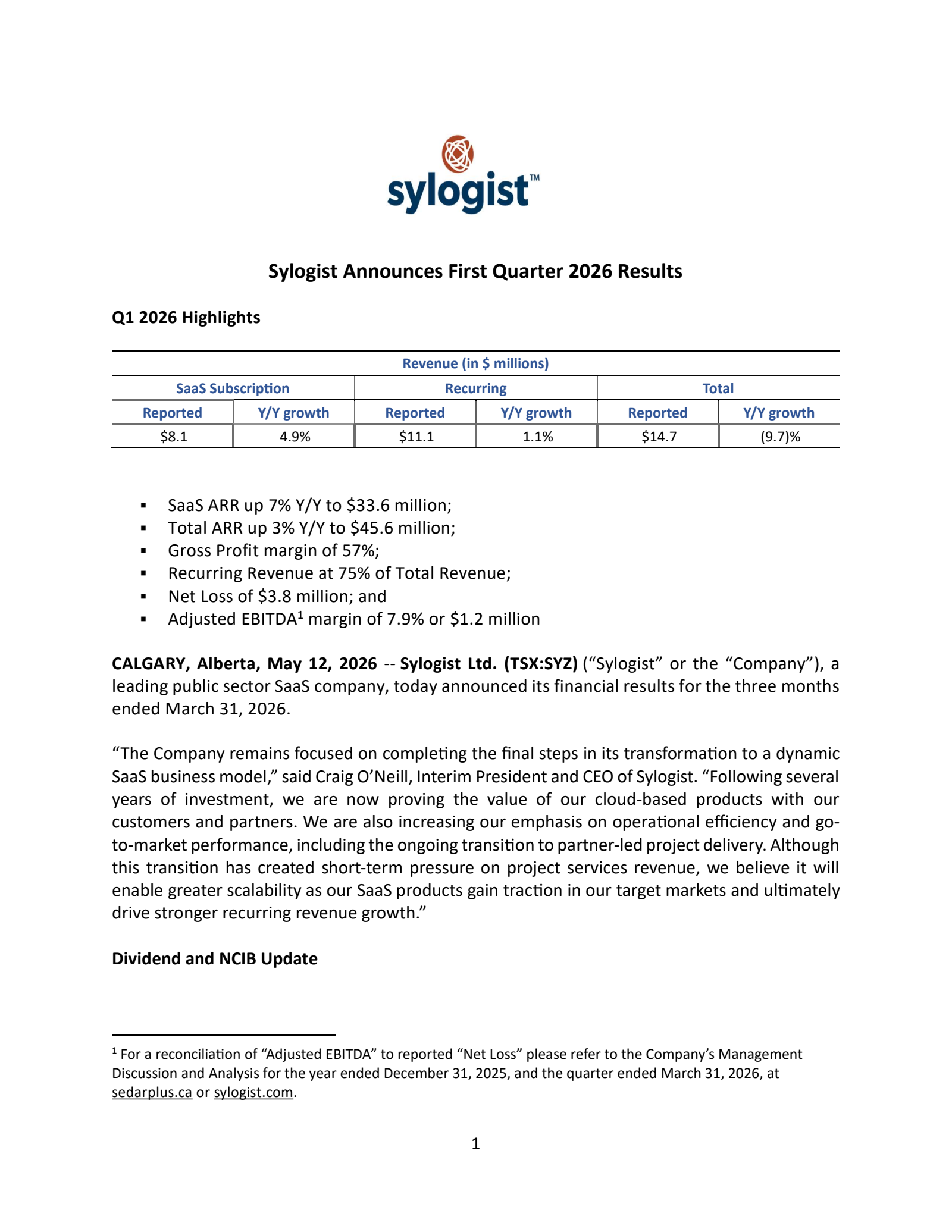 Sylogist's Q1 2026 Press Release