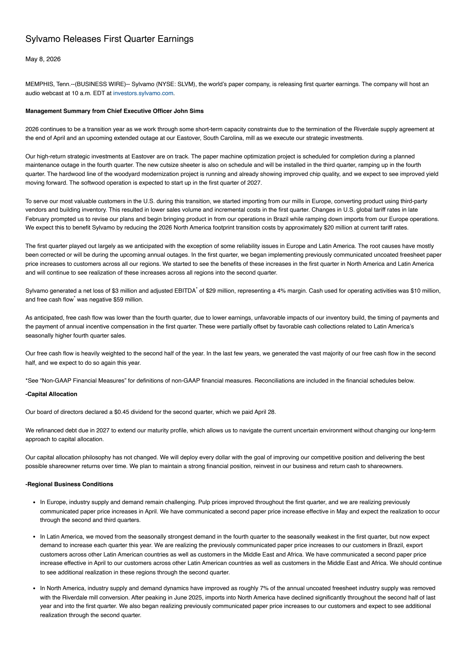 Sylvamo's Q1 2026 Press Release
