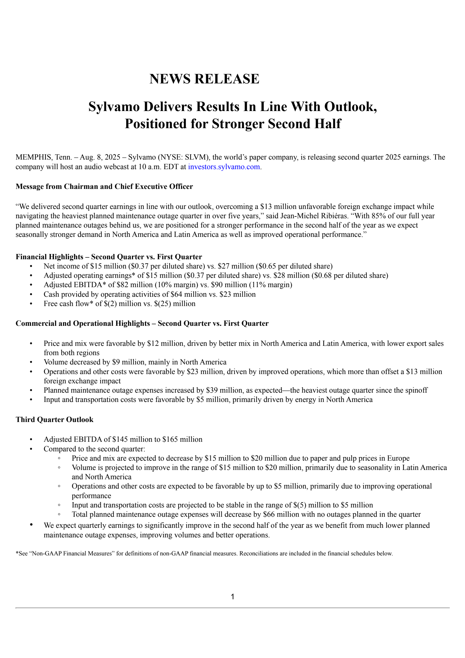 Sylvamo's Q2 2025 Press Release
