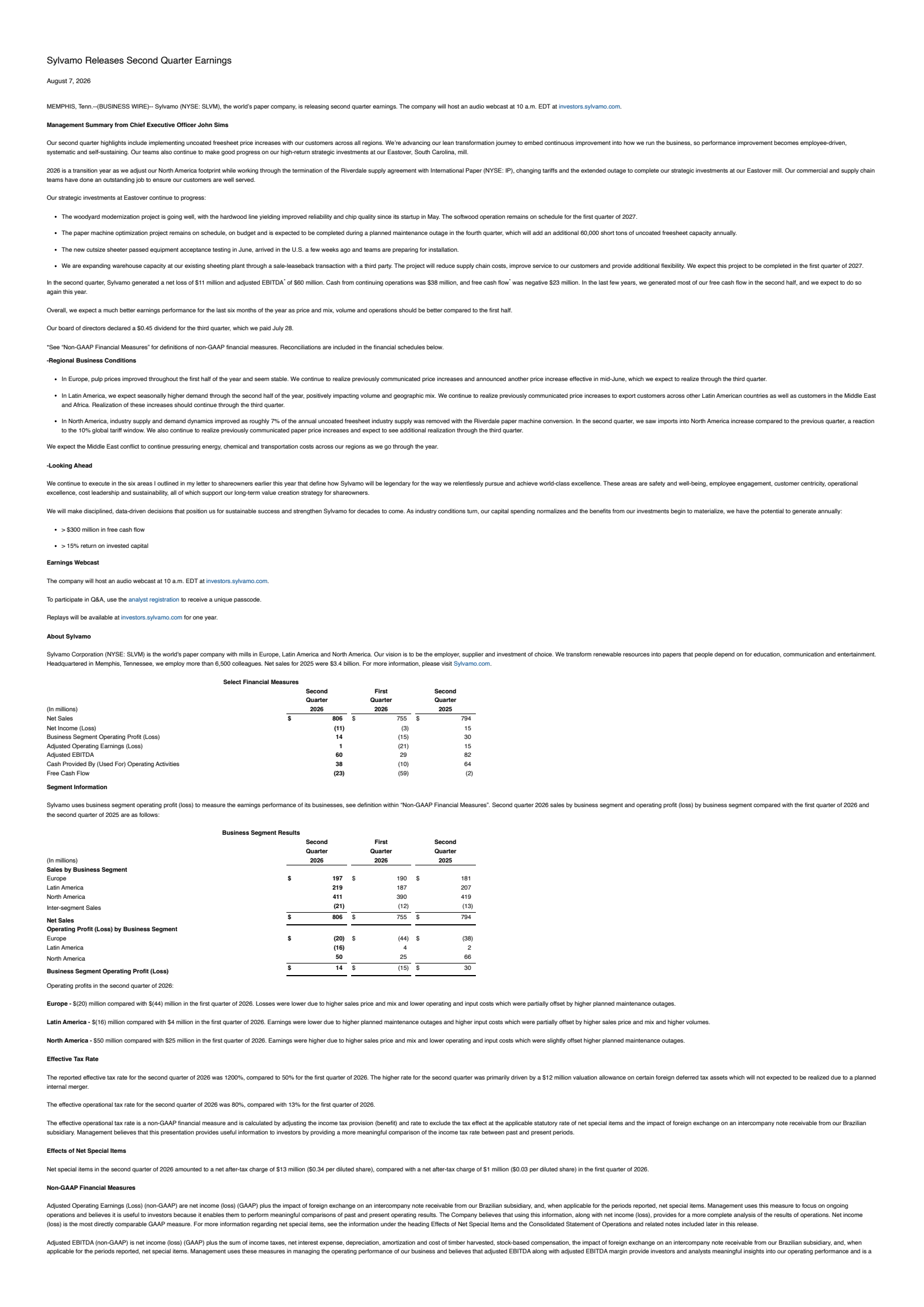 Sylvamo's Q2 2026 Press Release