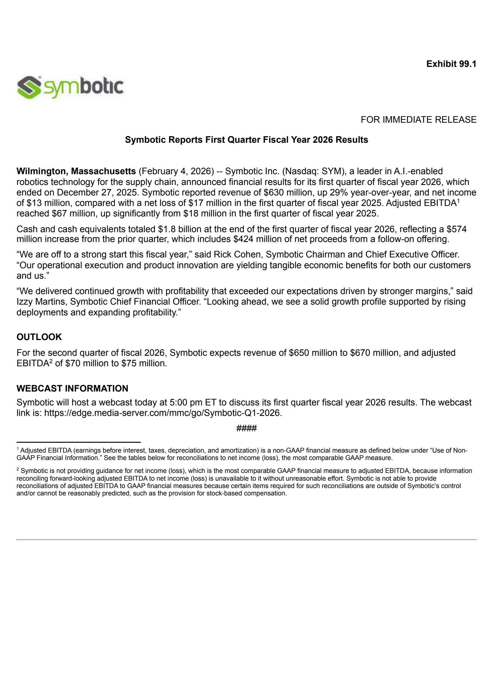 Symbotic's Q1 2026 Press Release