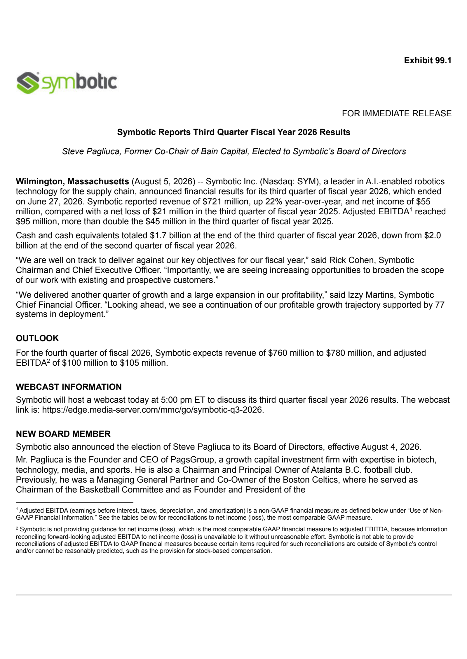Symbotic's Q3 2026 Press Release