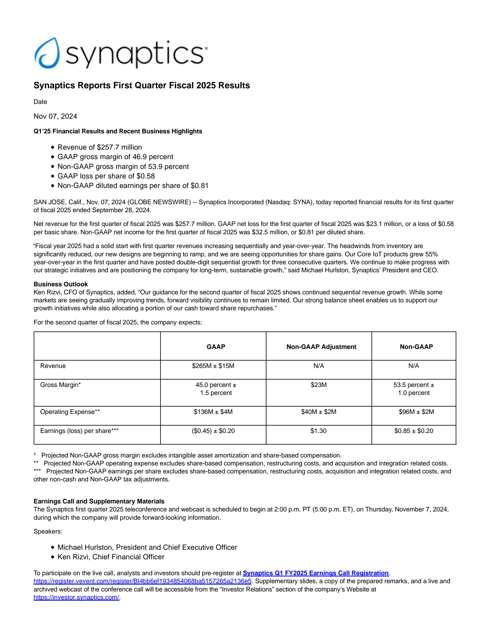 Synaptics' Q1 2025 Press Release