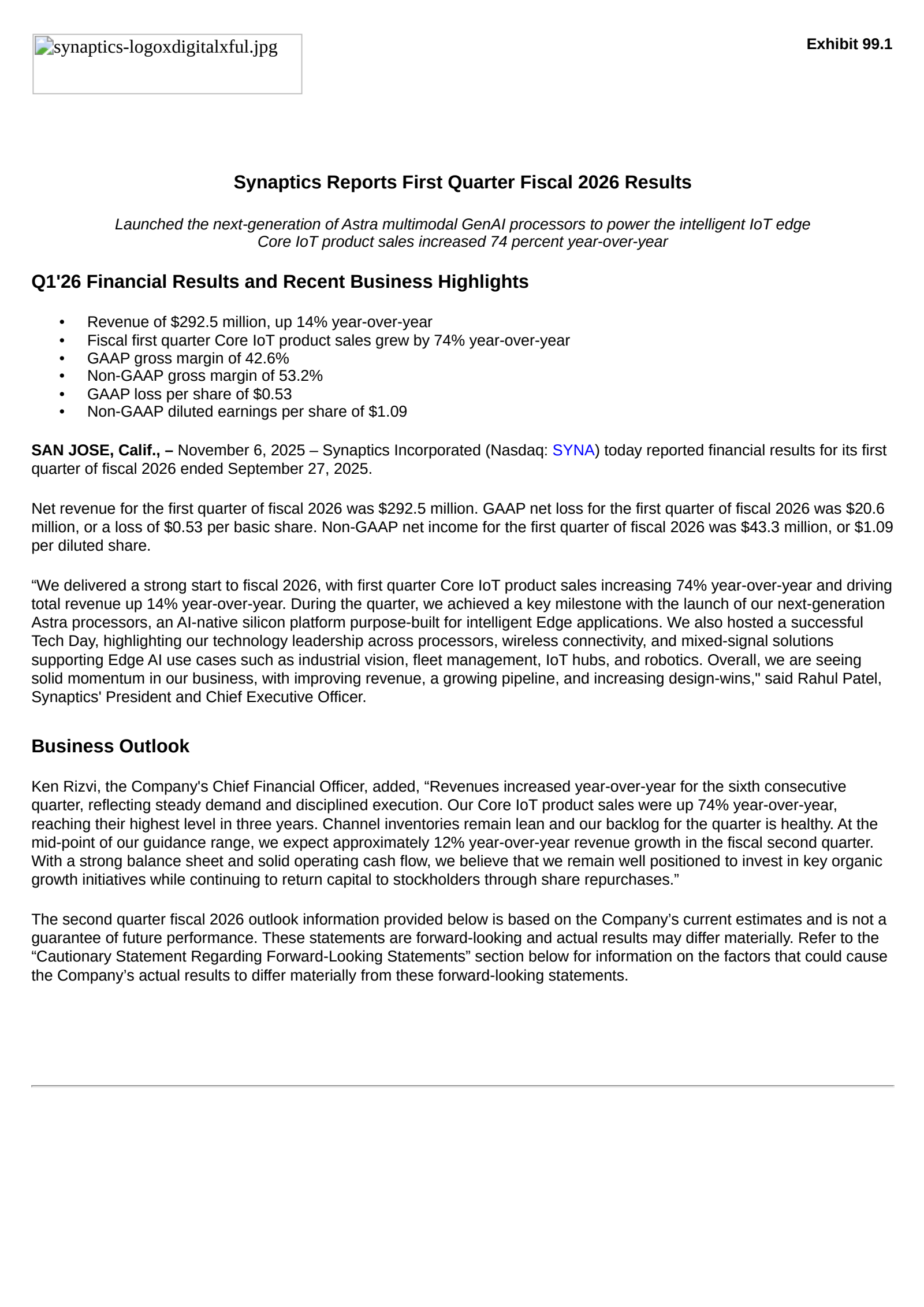 Synaptics' Q1 2026 Earnings Release