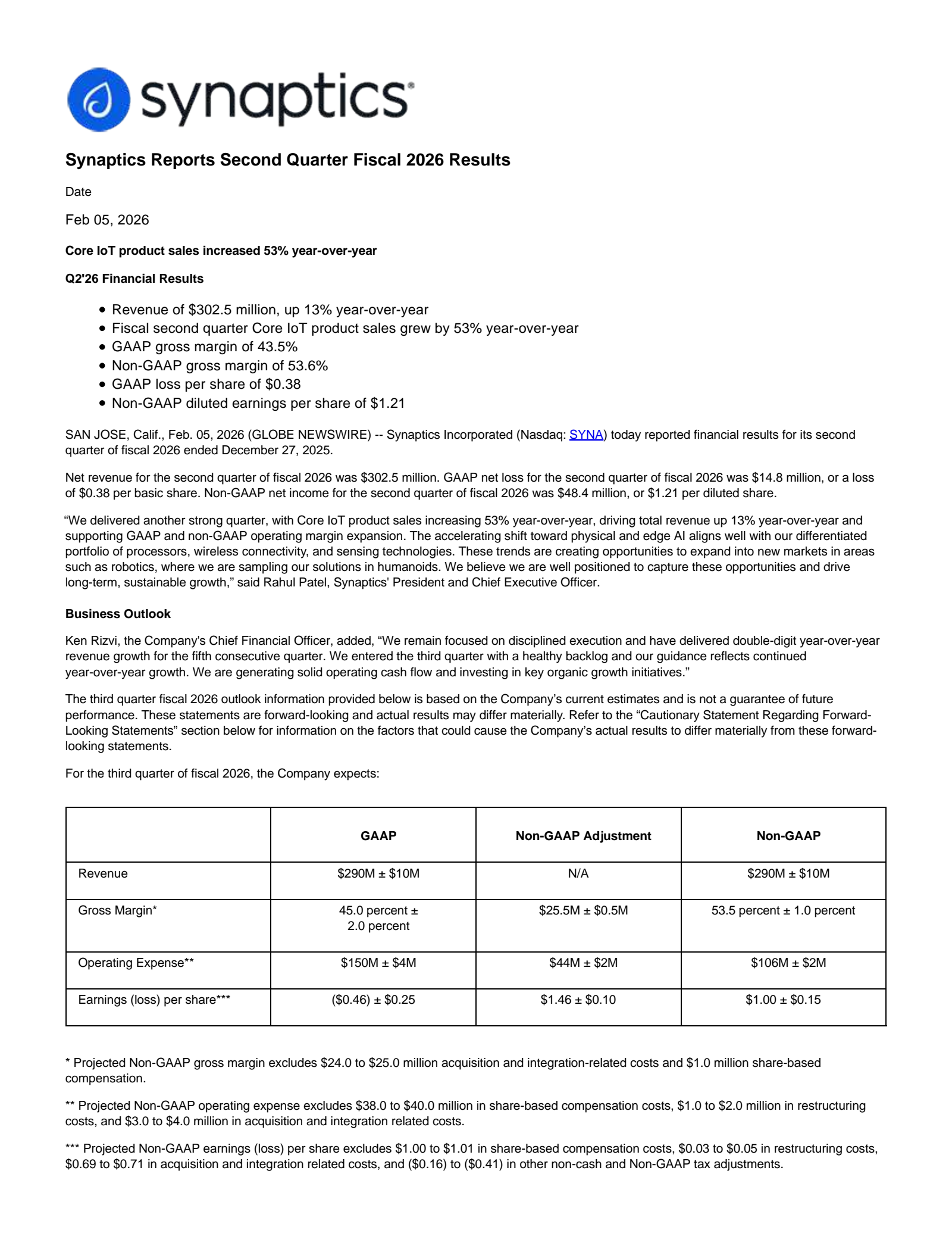 Synaptics' Q2 2026 Press Release