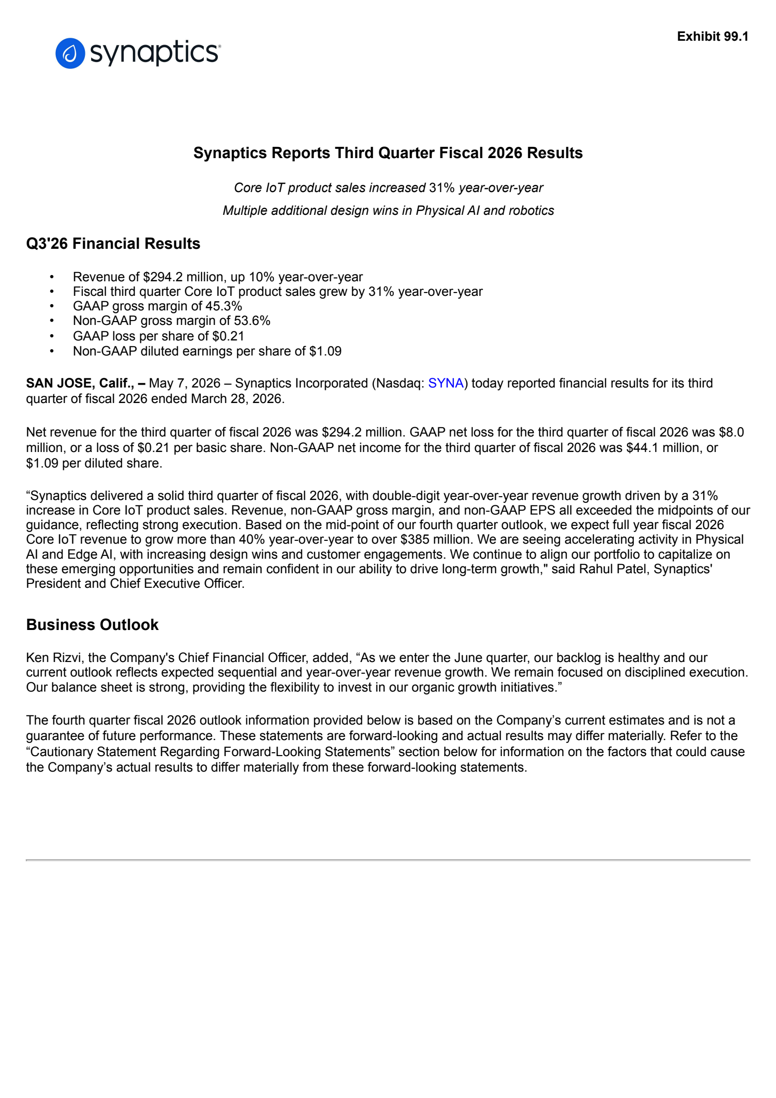 Synaptics' Q3 2026 Press Release