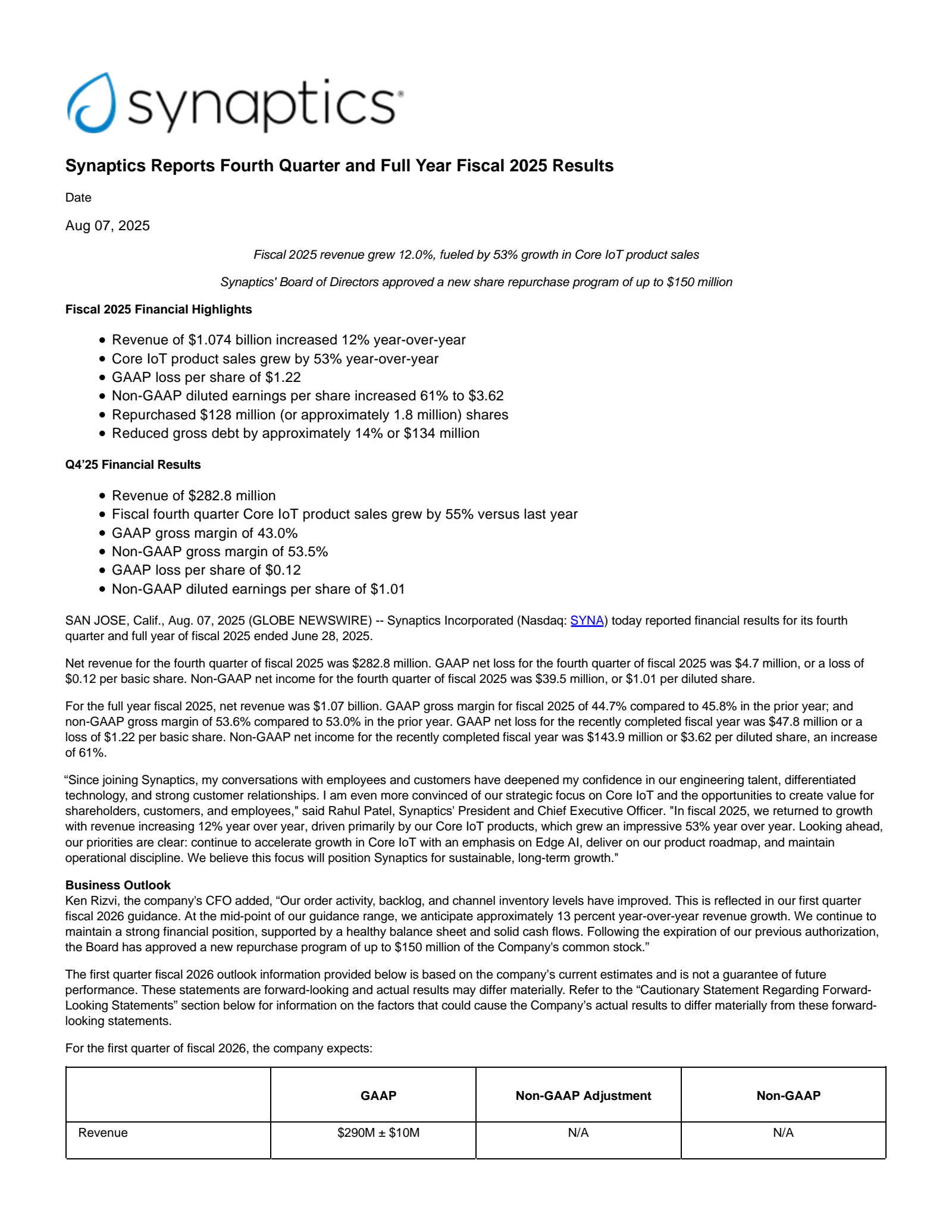 Synaptics' Q4 2025 Press Release