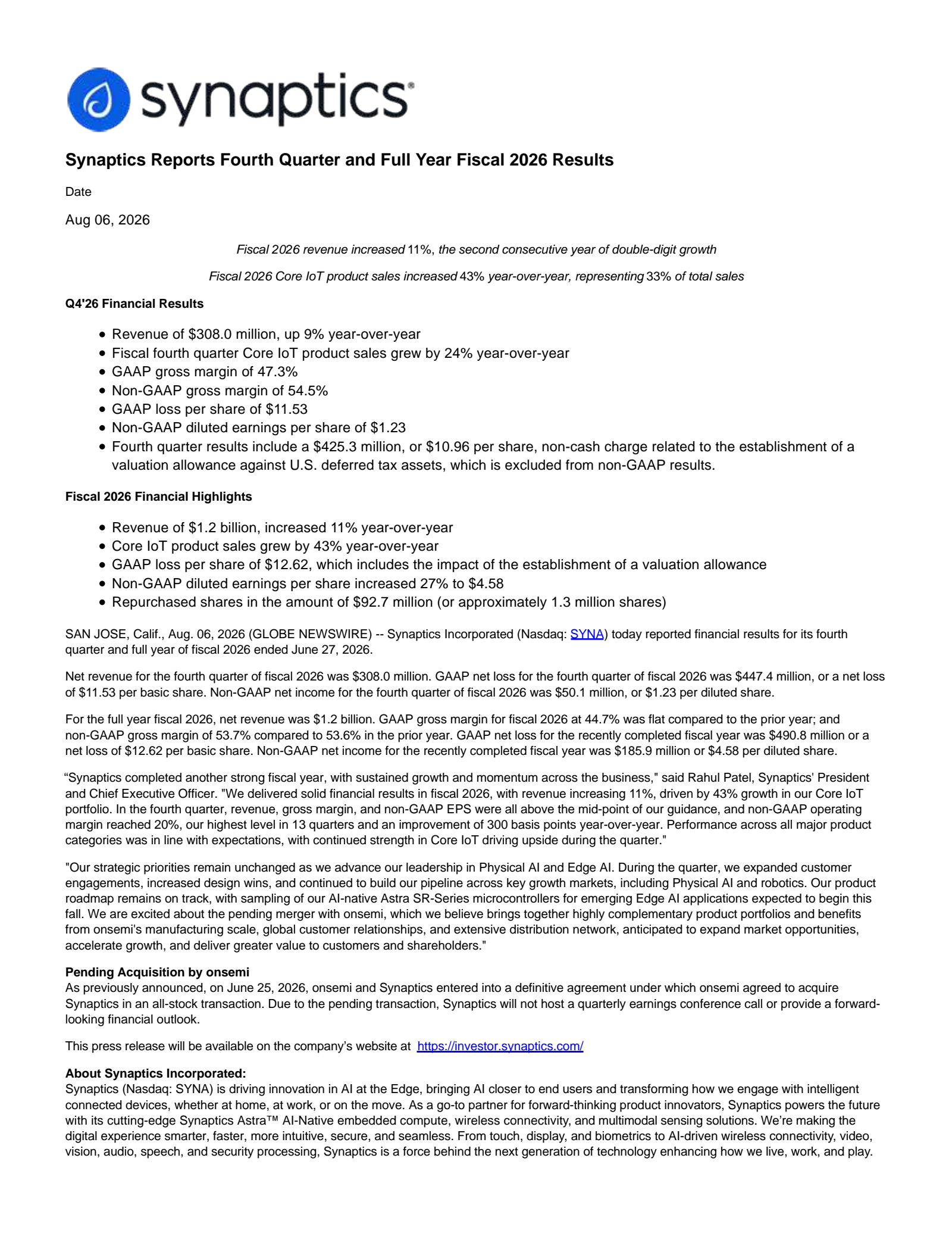 Synaptics' Q4 2026 Press Release
