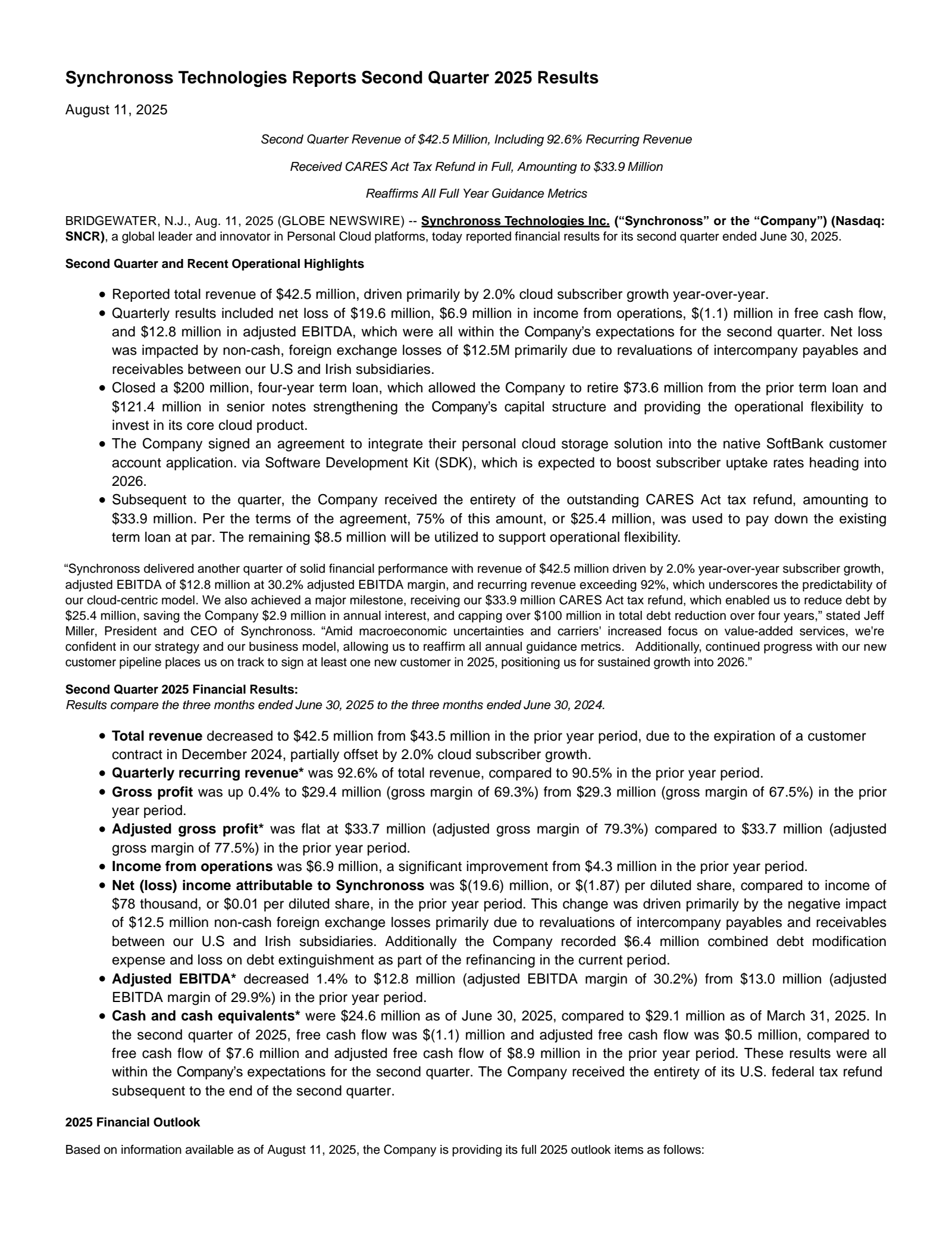 Synchronoss Technologies' Q2 2025 Press Release