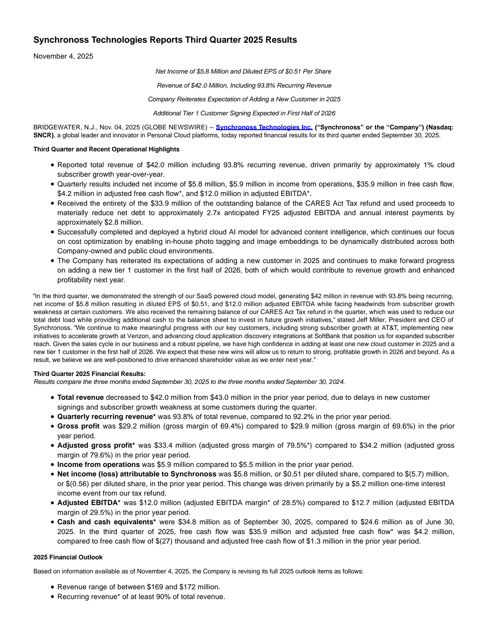 Synchronoss Technologies' Q3 2025 Earnings Release