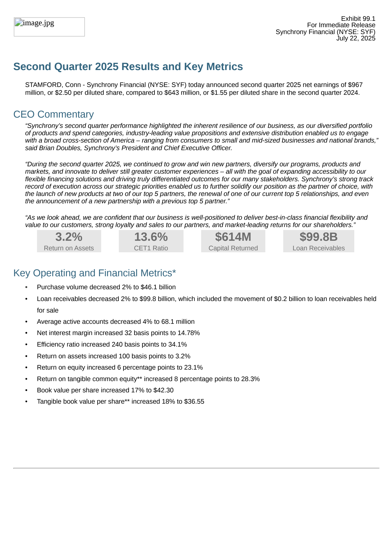 Synchrony Financial's Q2 2025 Press Release