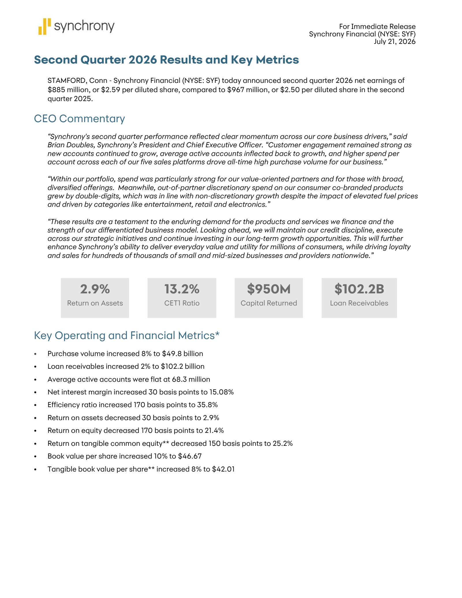 Synchrony Financial's Q2 2026 Press Release