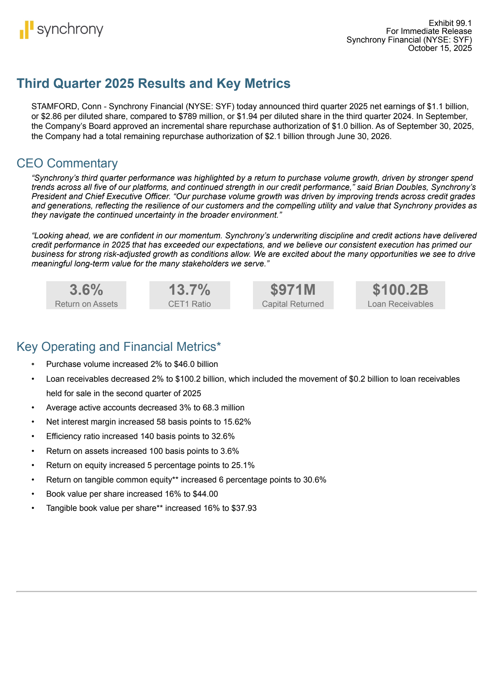 Synchrony Financial's Q3 2025 Earnings Release