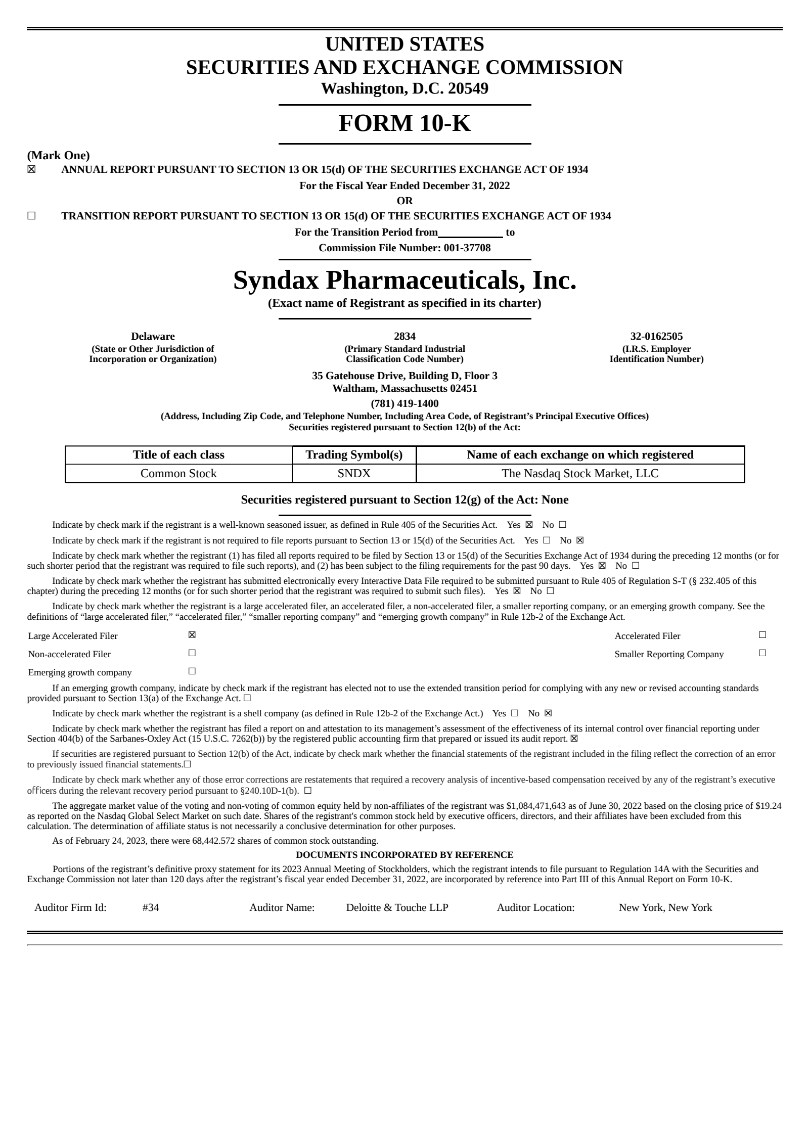 SNDX Q4 2022 Earnings Report on 2/28/2023