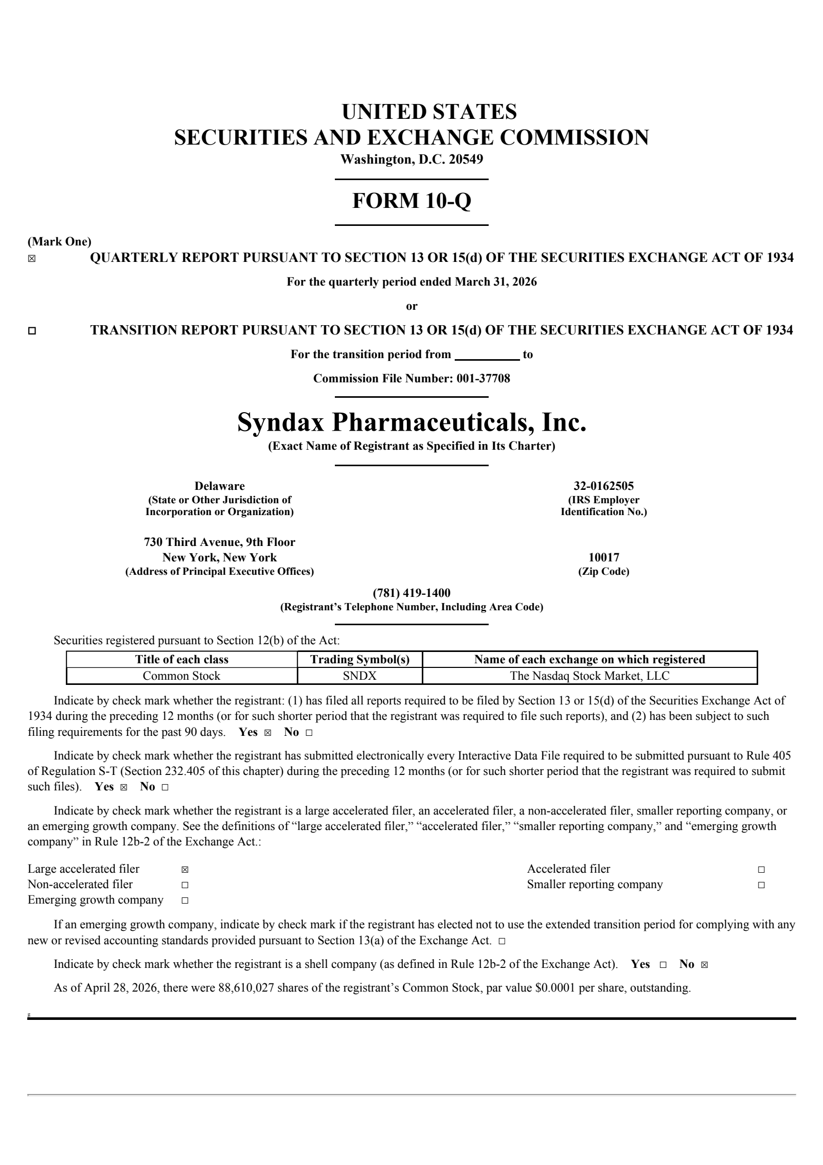 Syndax Pharmaceuticals' Q1 2026 Quarterly report
