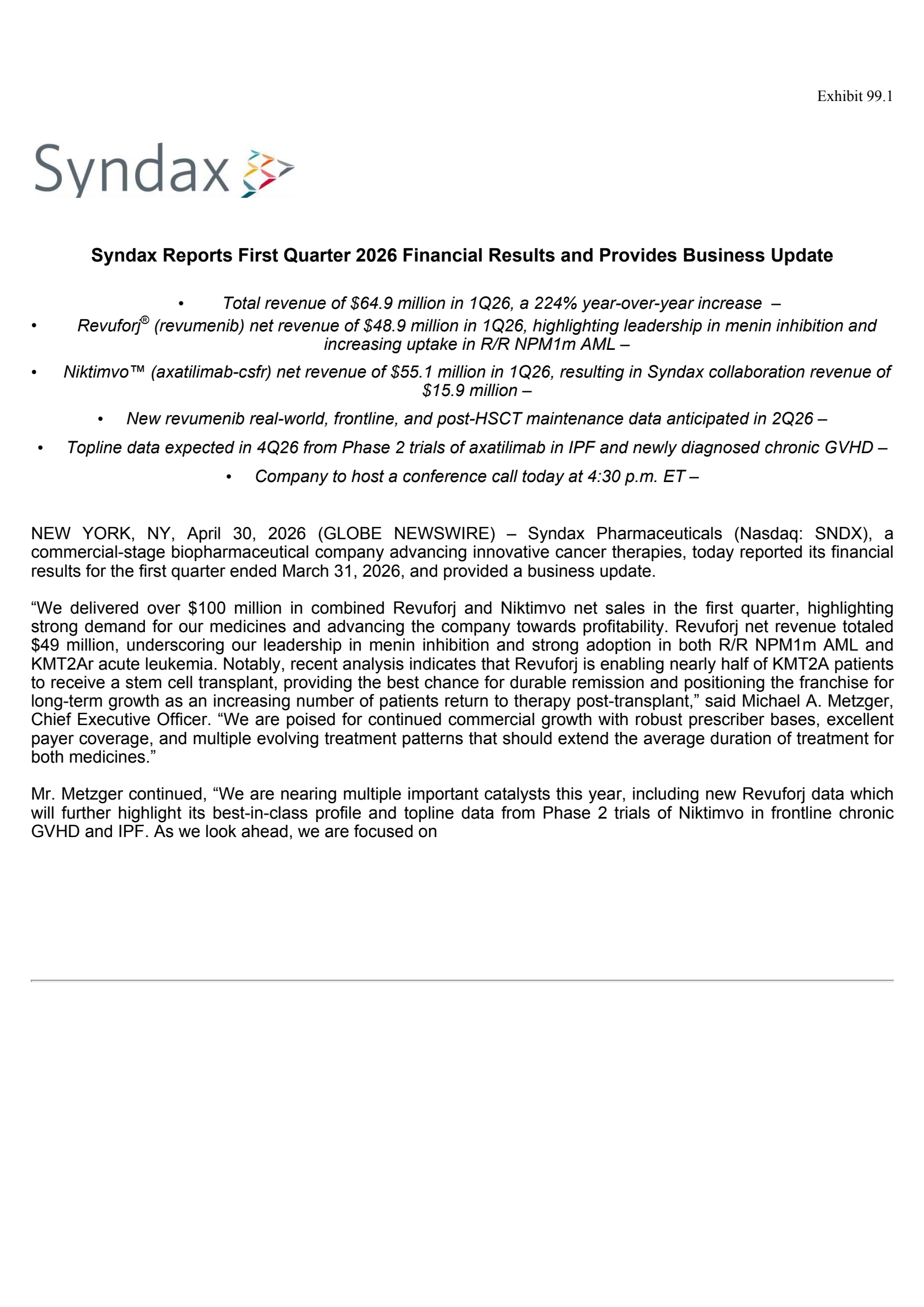 Syndax Pharmaceuticals' Q1 2026 Press Release