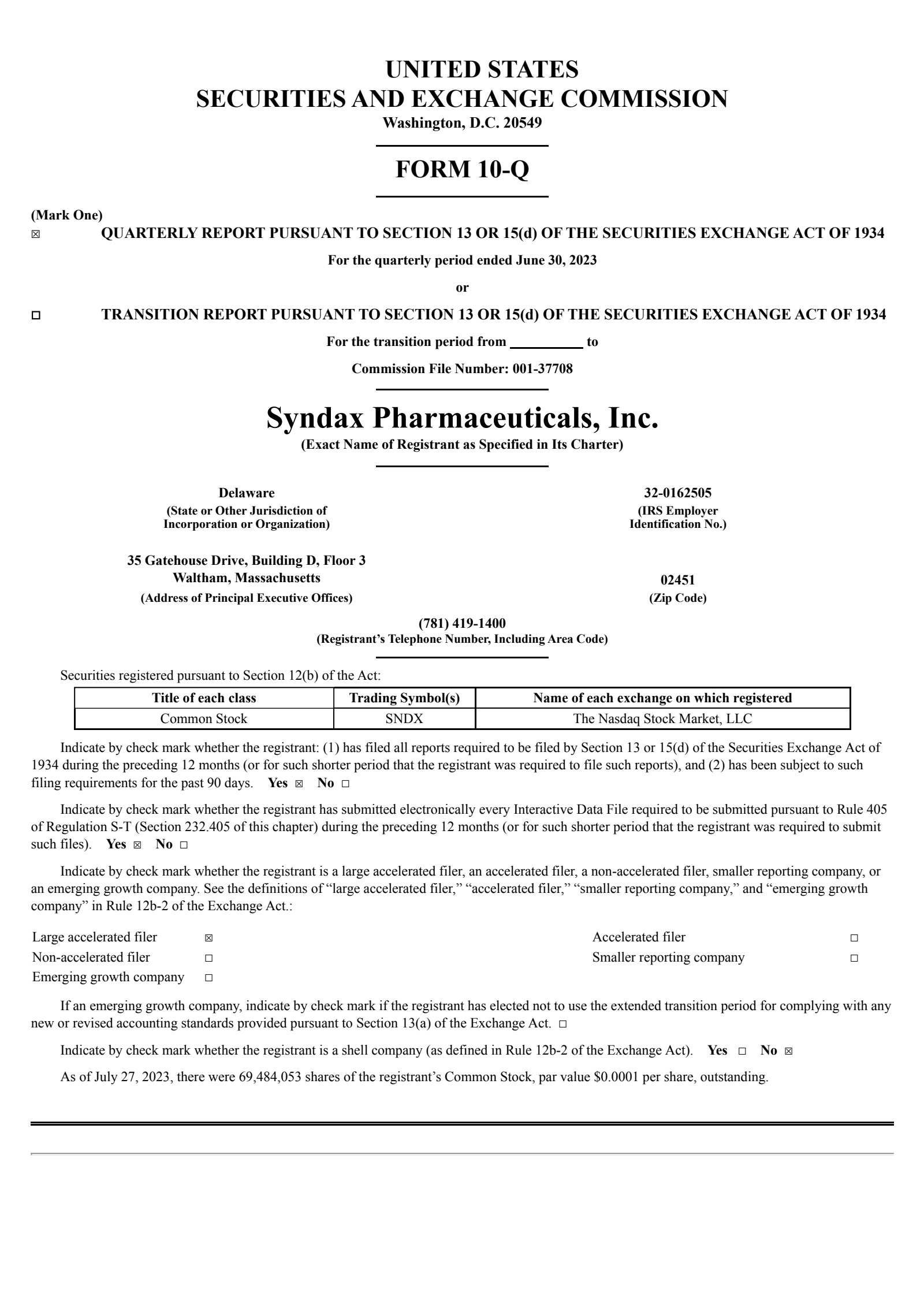Syndax Pharmaceuticals' Q2 2023 Quarterly report