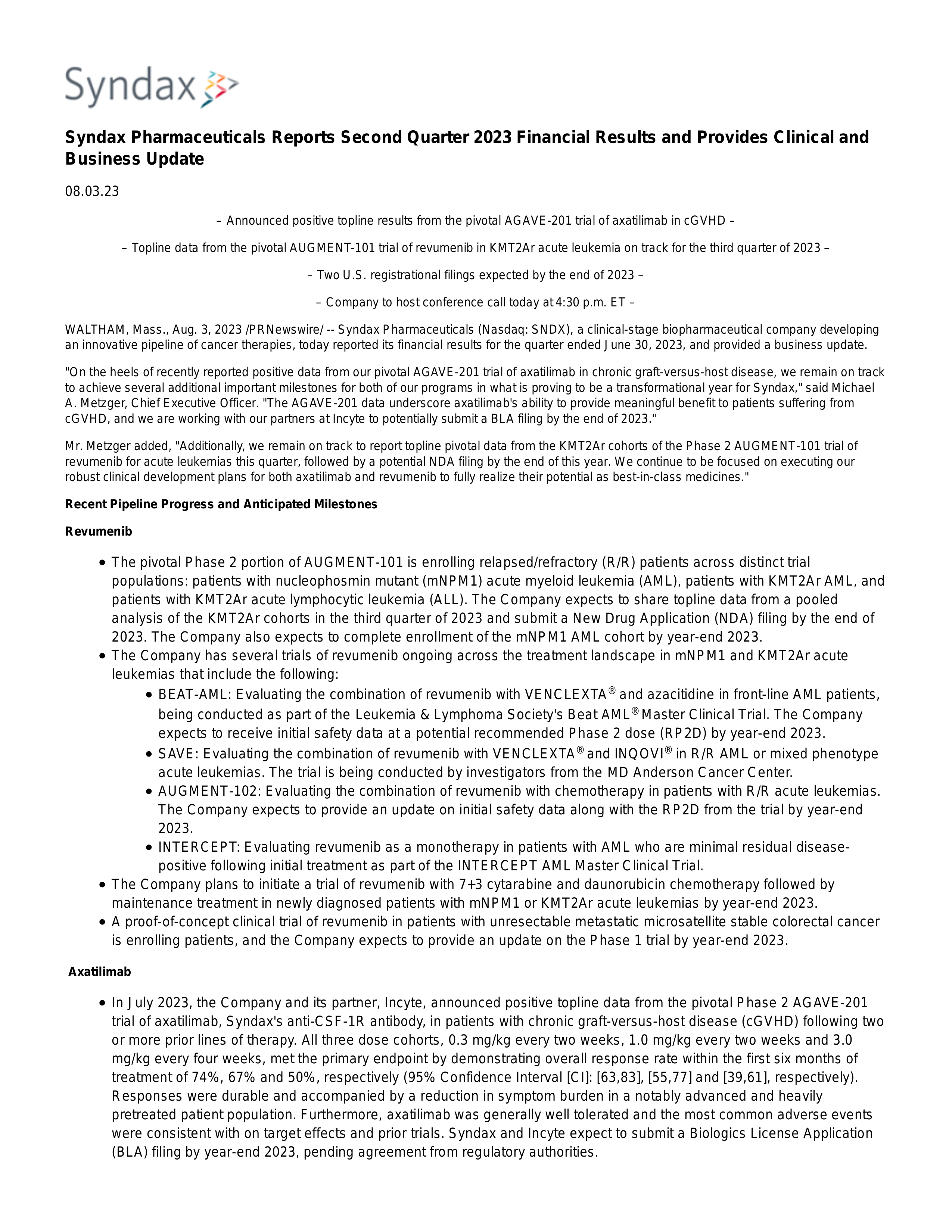 Syndax Pharmaceuticals' Q2 2023 Press Release