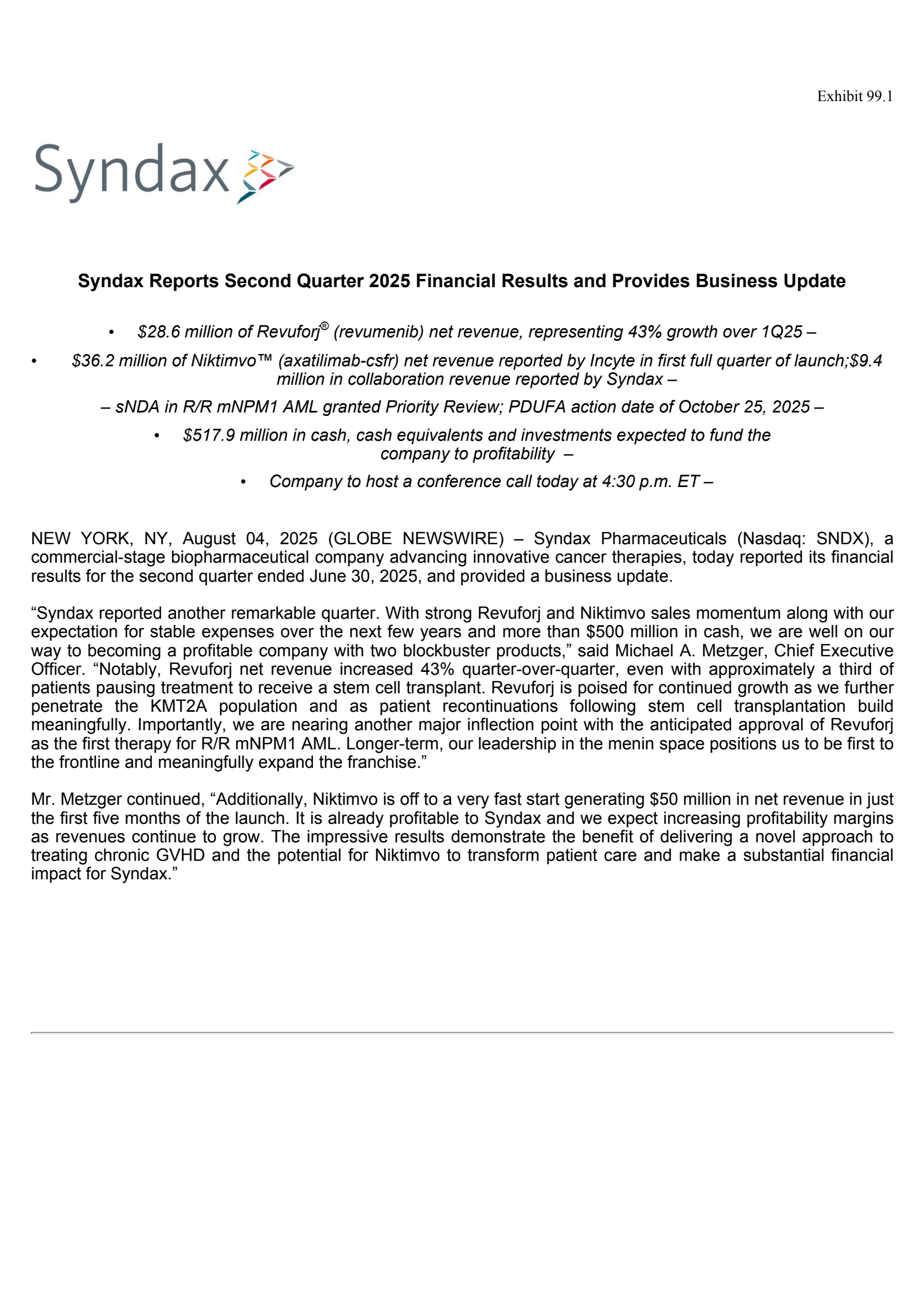 Syndax Pharmaceuticals' Q2 2025 Press Release