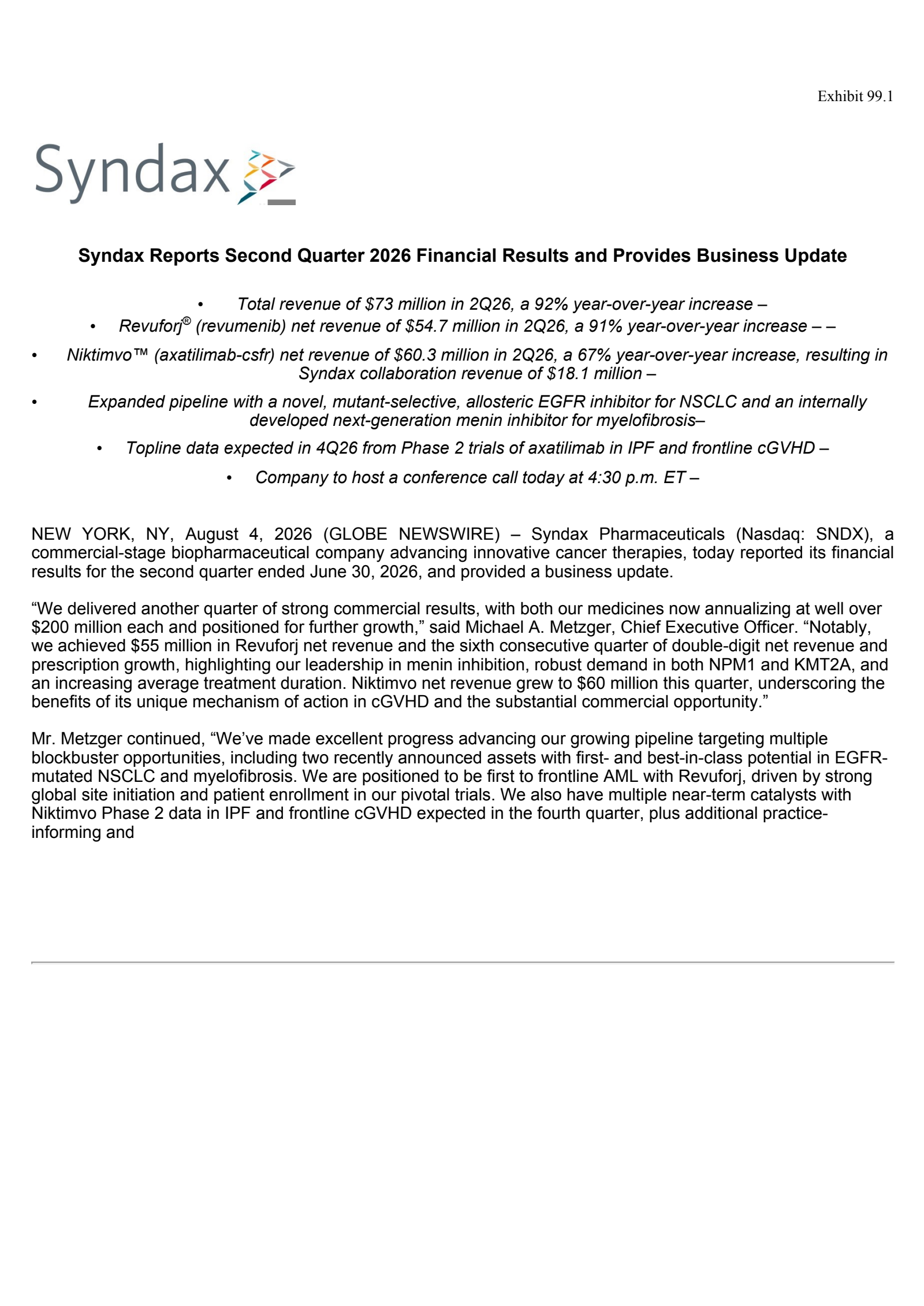 Syndax Pharmaceuticals' Q2 2026 Press Release