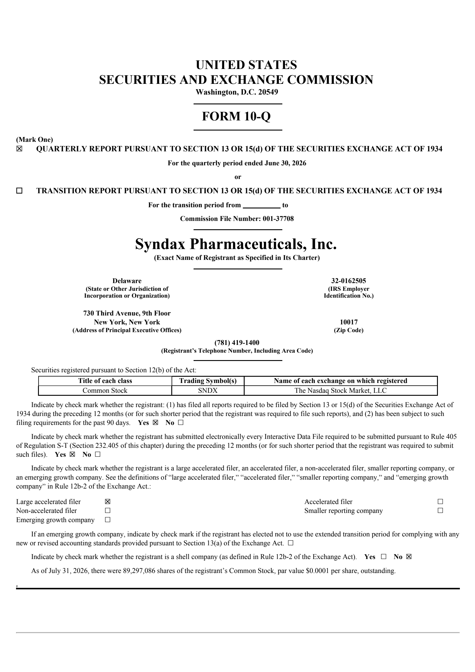 Syndax Pharmaceuticals' Q2 2026 Quarterly report