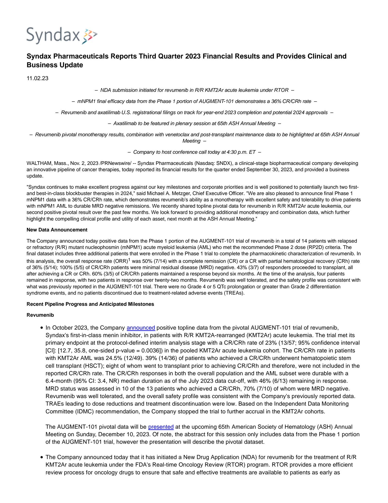 Syndax Pharmaceuticals' Q3 2023 Press Release