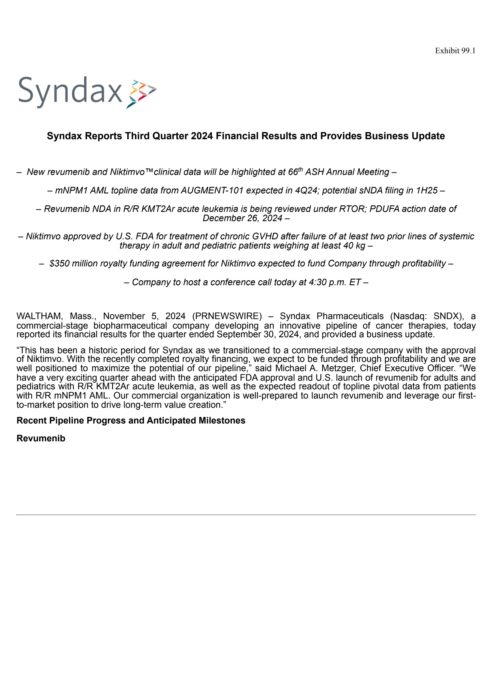 Syndax Pharmaceuticals' Q3 2024 Press Release
