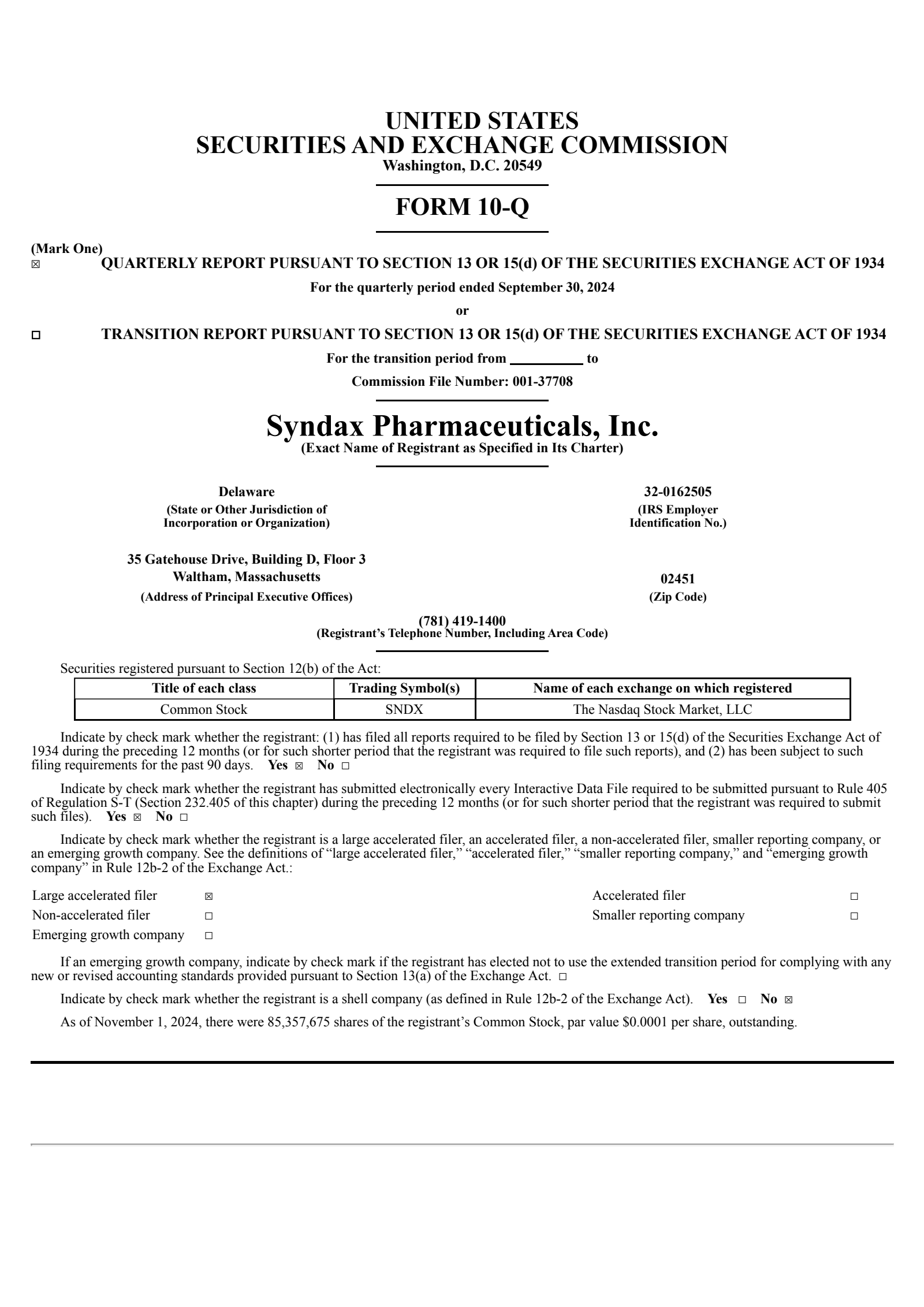 Syndax Pharmaceuticals' Q3 2024 Quarterly report