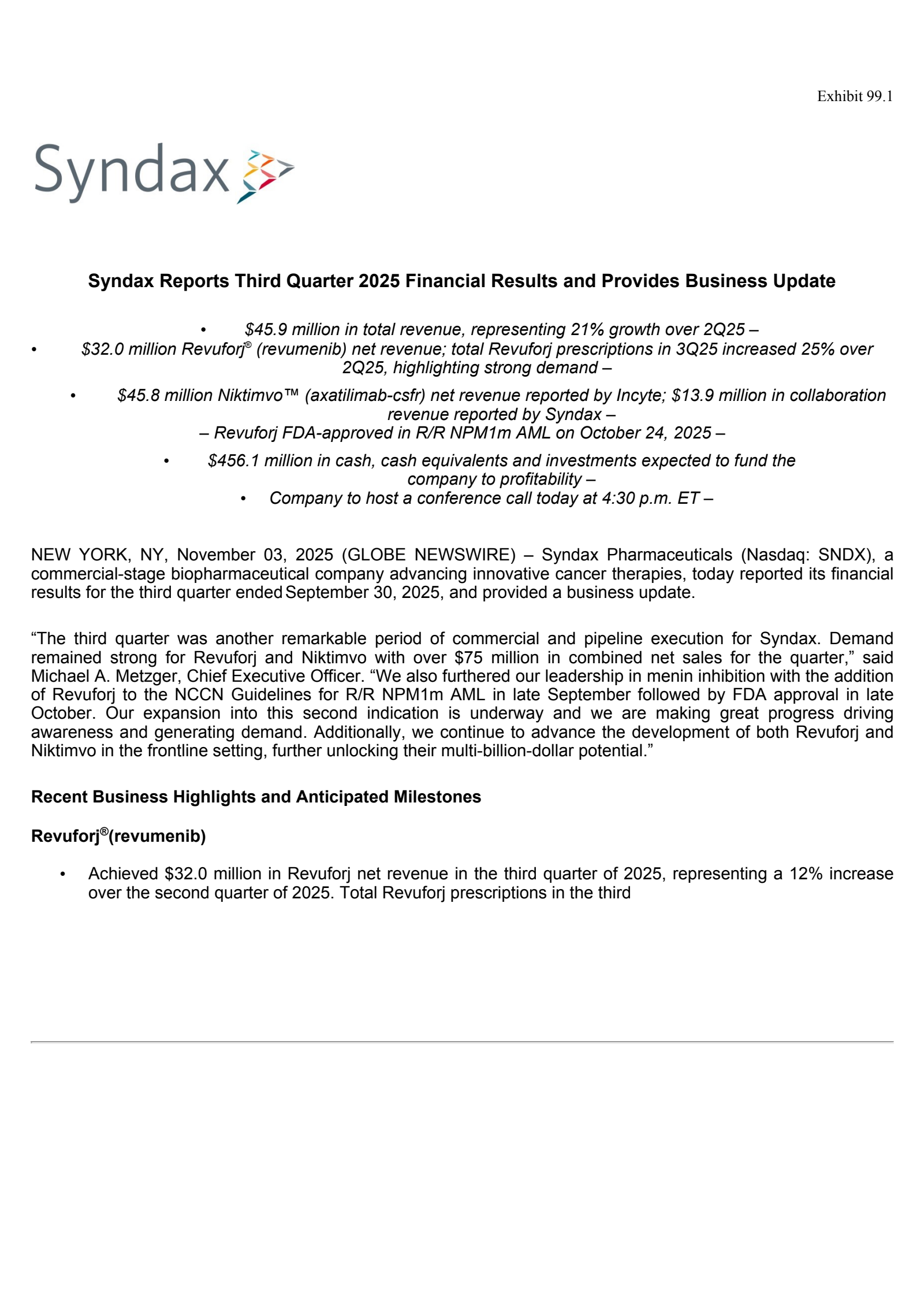 Syndax Pharmaceuticals' Q3 2025 Earnings Release