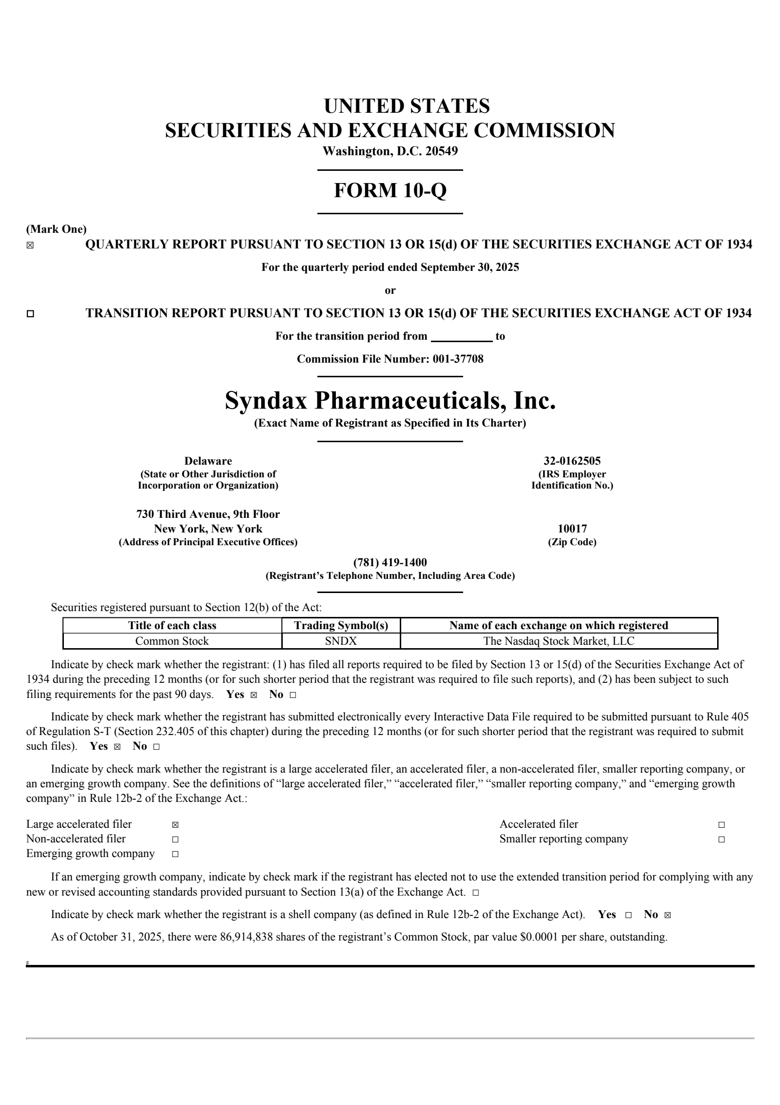 Syndax Pharmaceuticals' Q3 2025 Quarterly Report