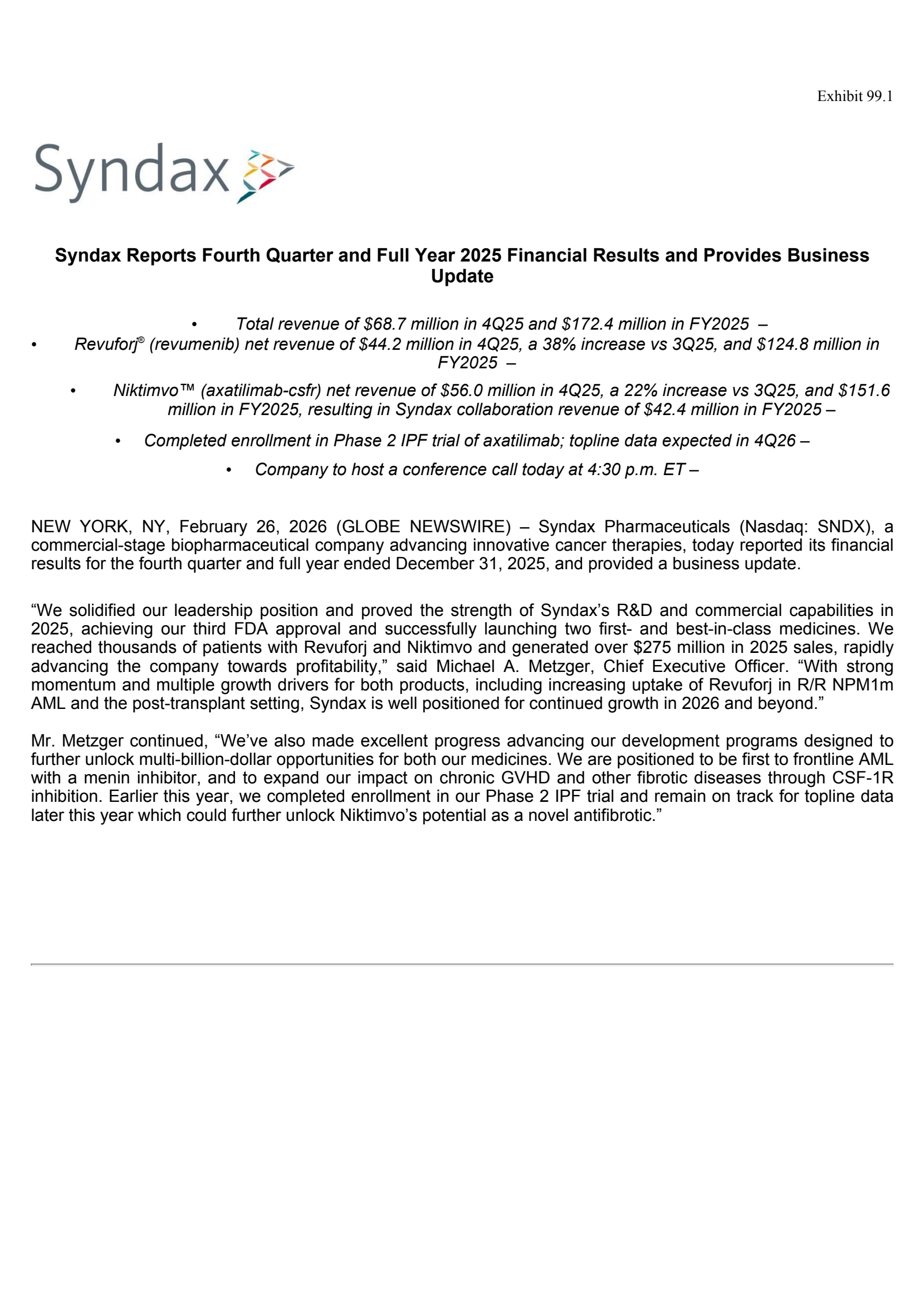 Syndax Pharmaceuticals' Q4 2025 Press Release