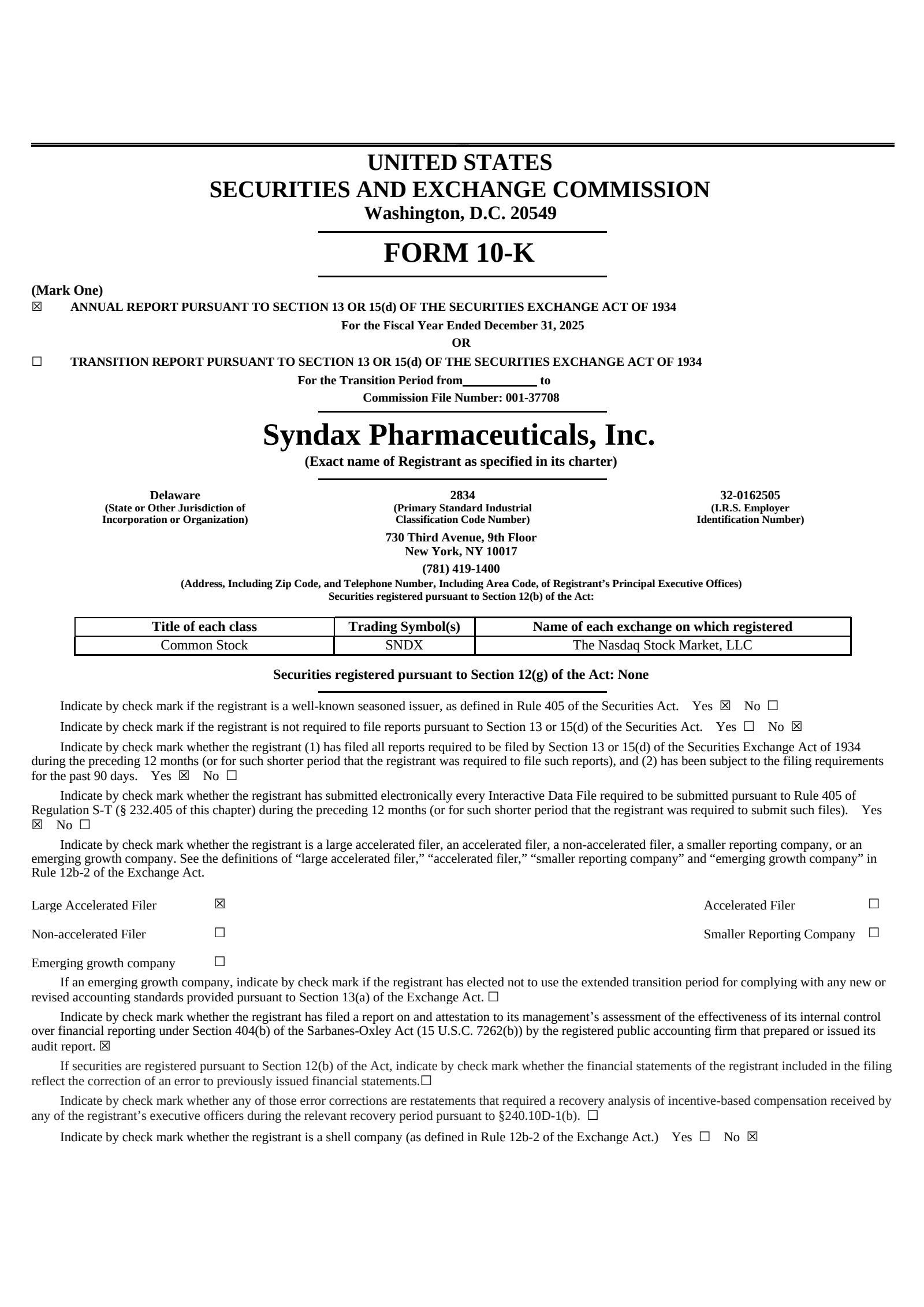Syndax Pharmaceuticals' Q4 2025 Annual report