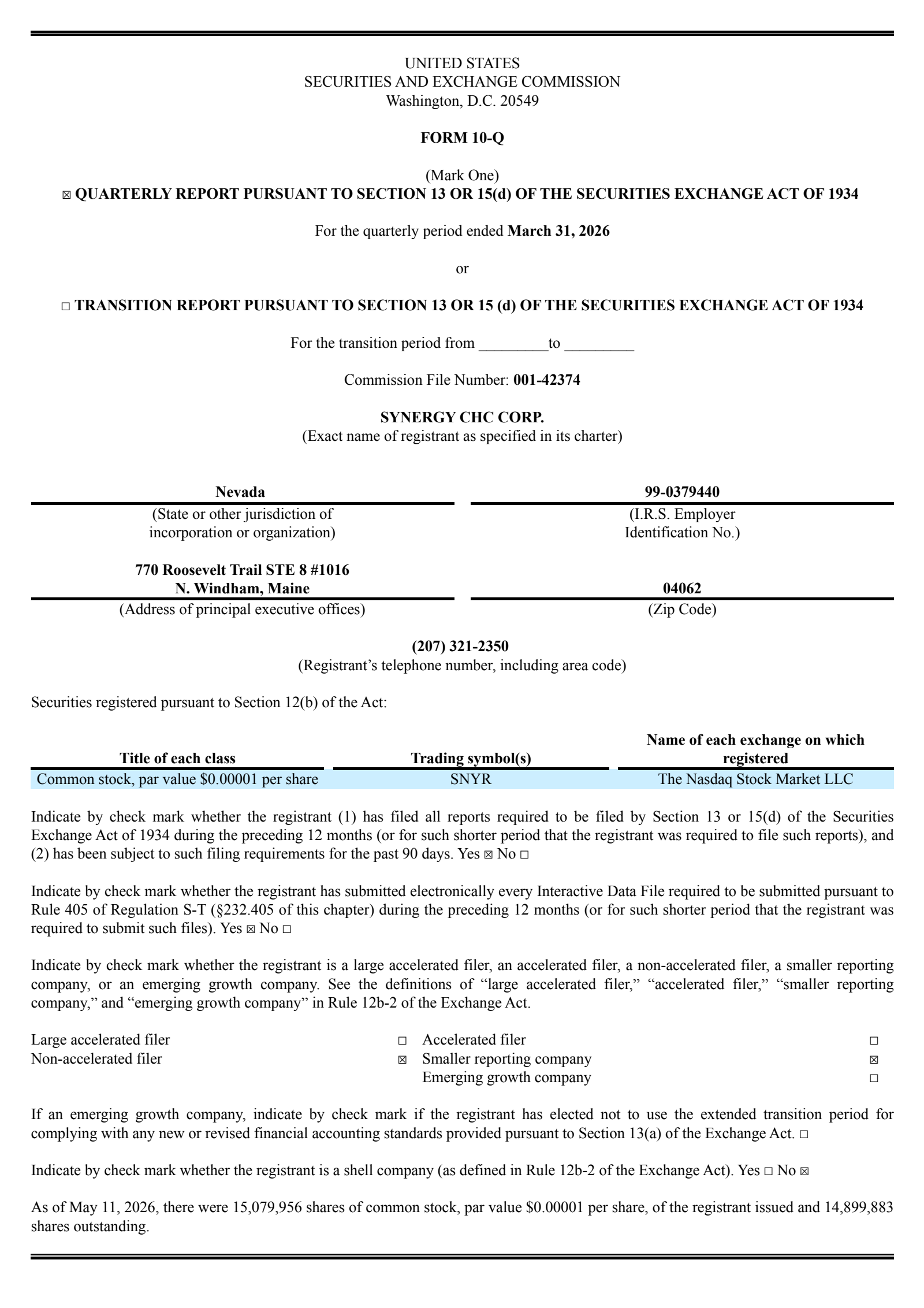Synergy CHC's Q1 2026 Quarterly report