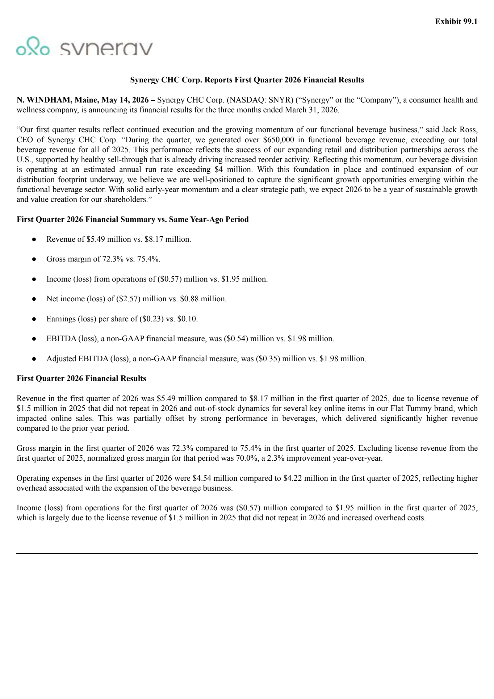 Synergy CHC's Q1 2026 Press Release
