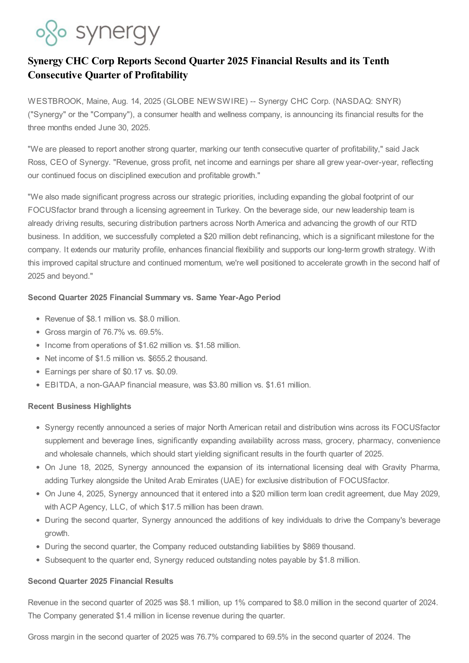 Synergy CHC's Q2 2025 Press Release