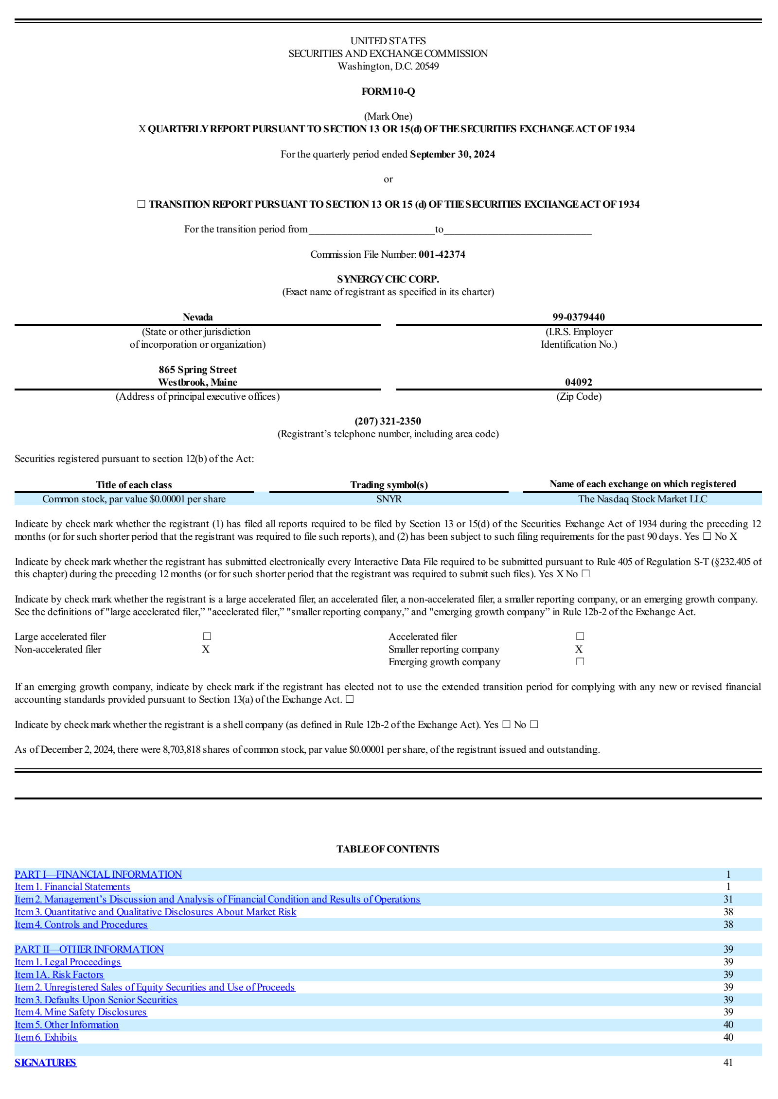 Synergy CHC's Q3 2024 Quarterly Report