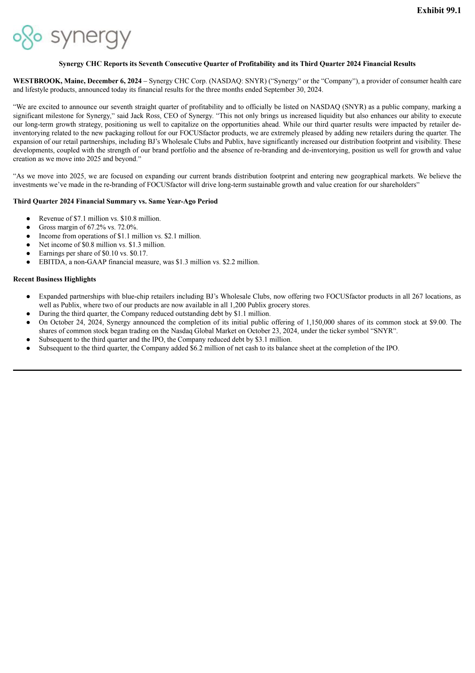 Synergy CHC's Q3 2024 Earnings Release