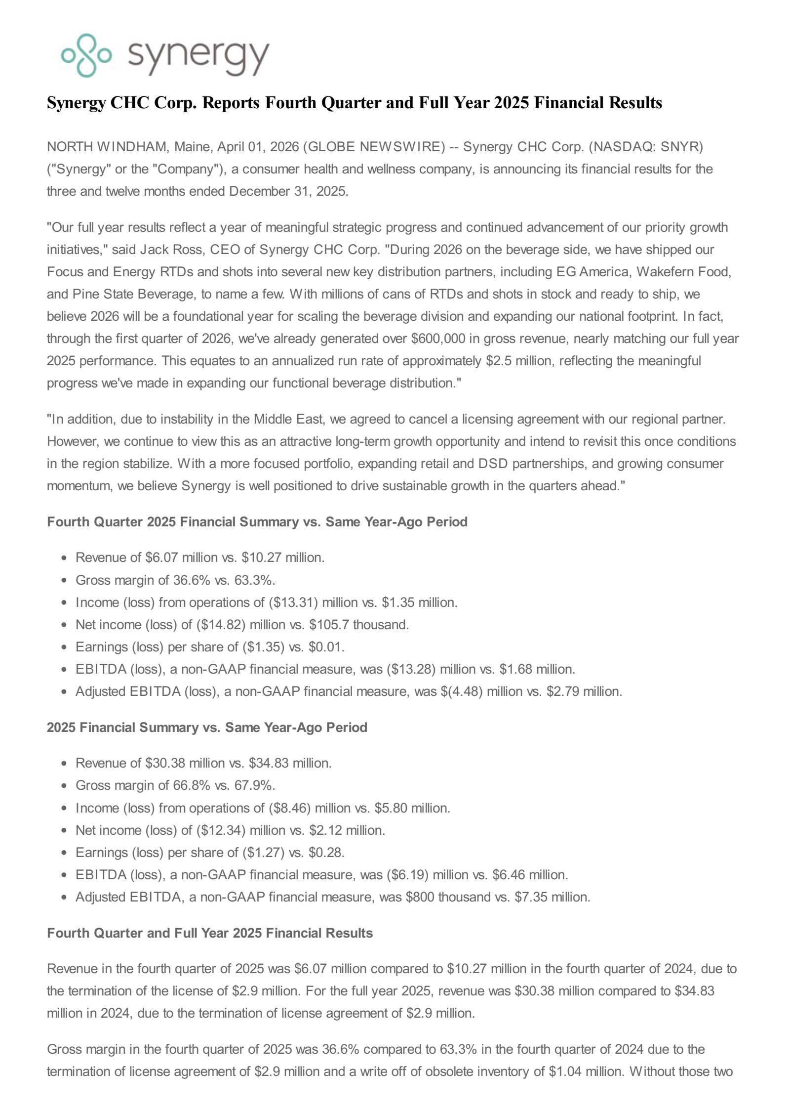 Synergy CHC's Q4 2025 Press Release