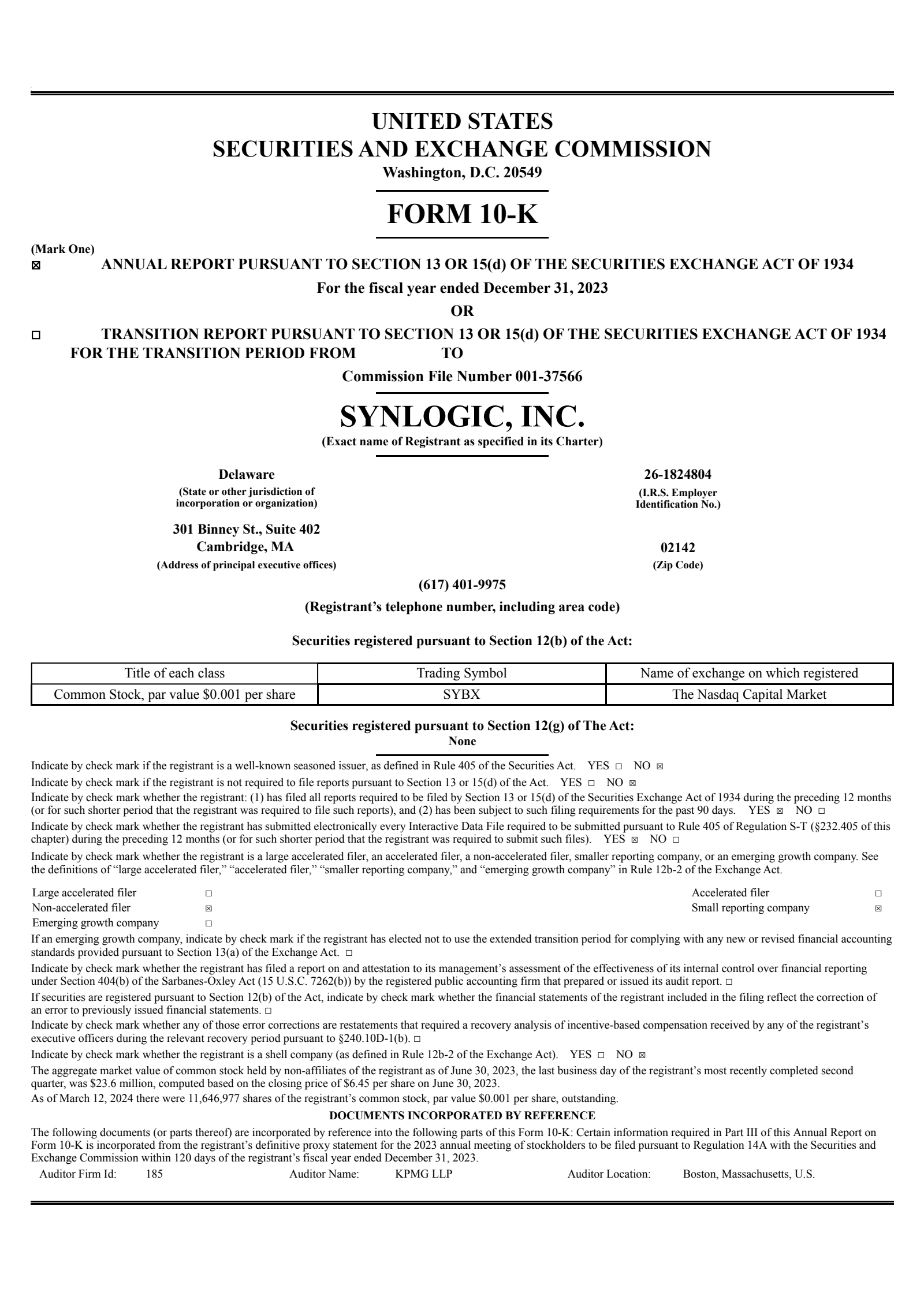 Synlogic's Q4 2023 Annual report