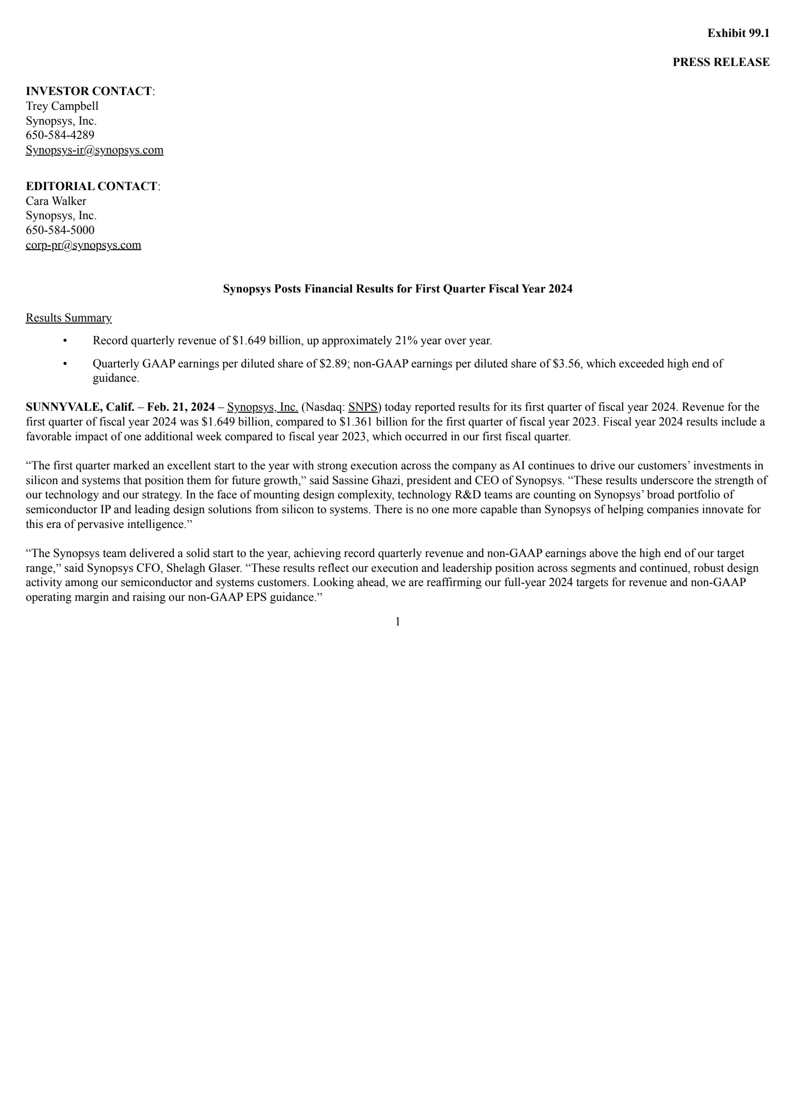 Synopsys' Q1 2024 Earnings Release