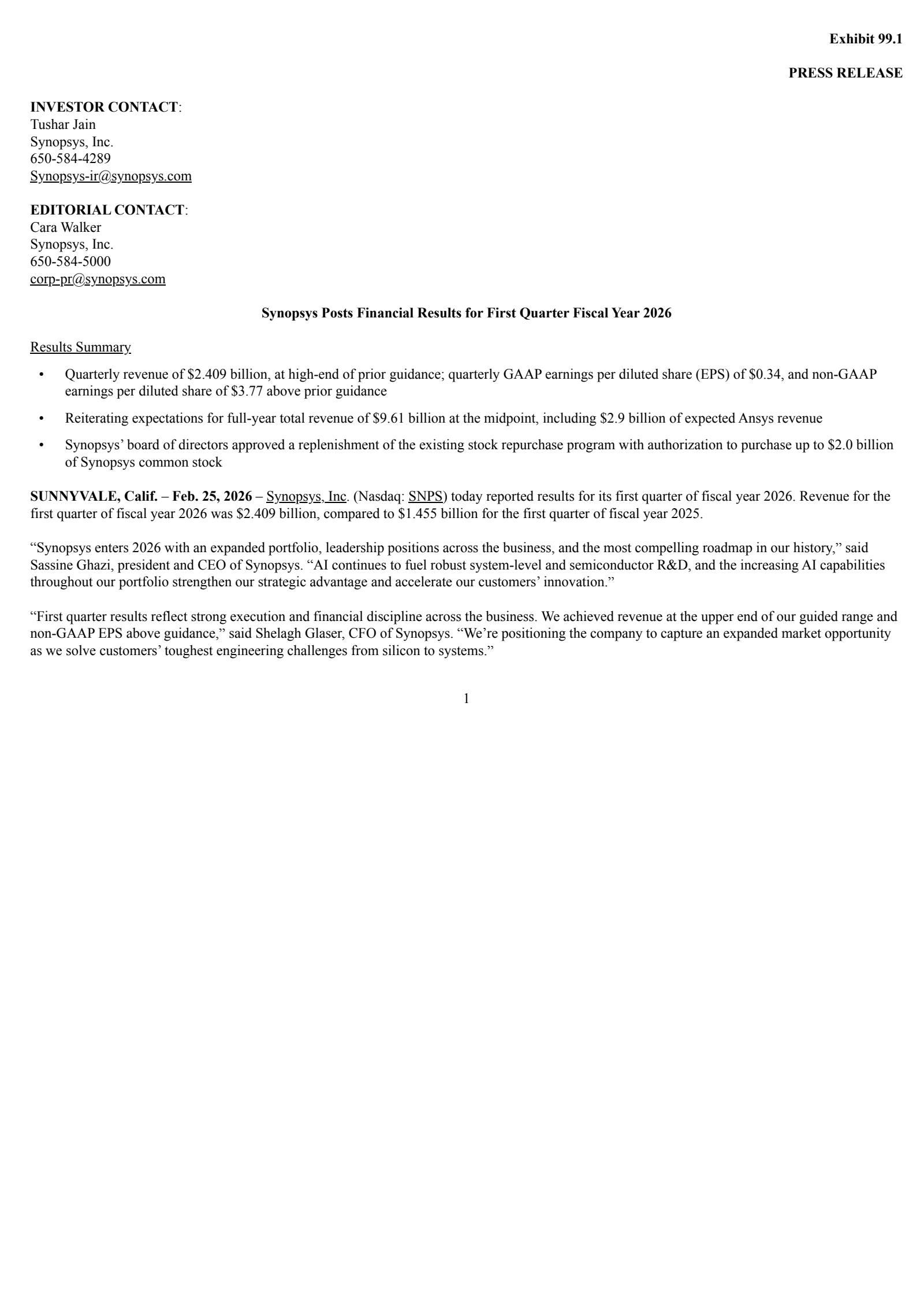 Synopsys' Q1 2026 Press Release