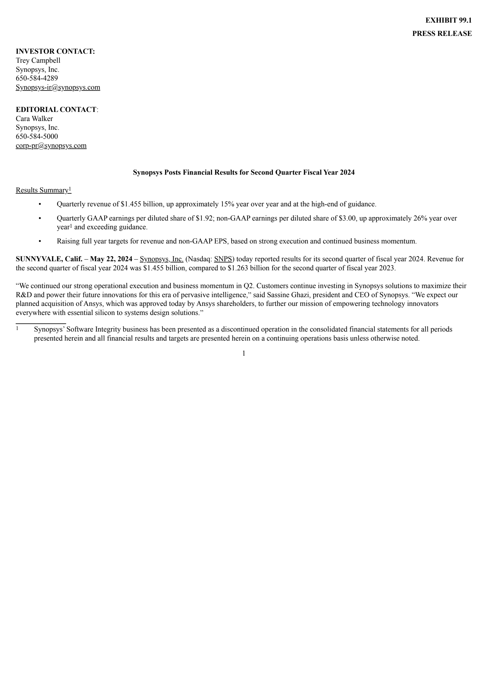 Synopsys' Q2 2024 Earnings Release