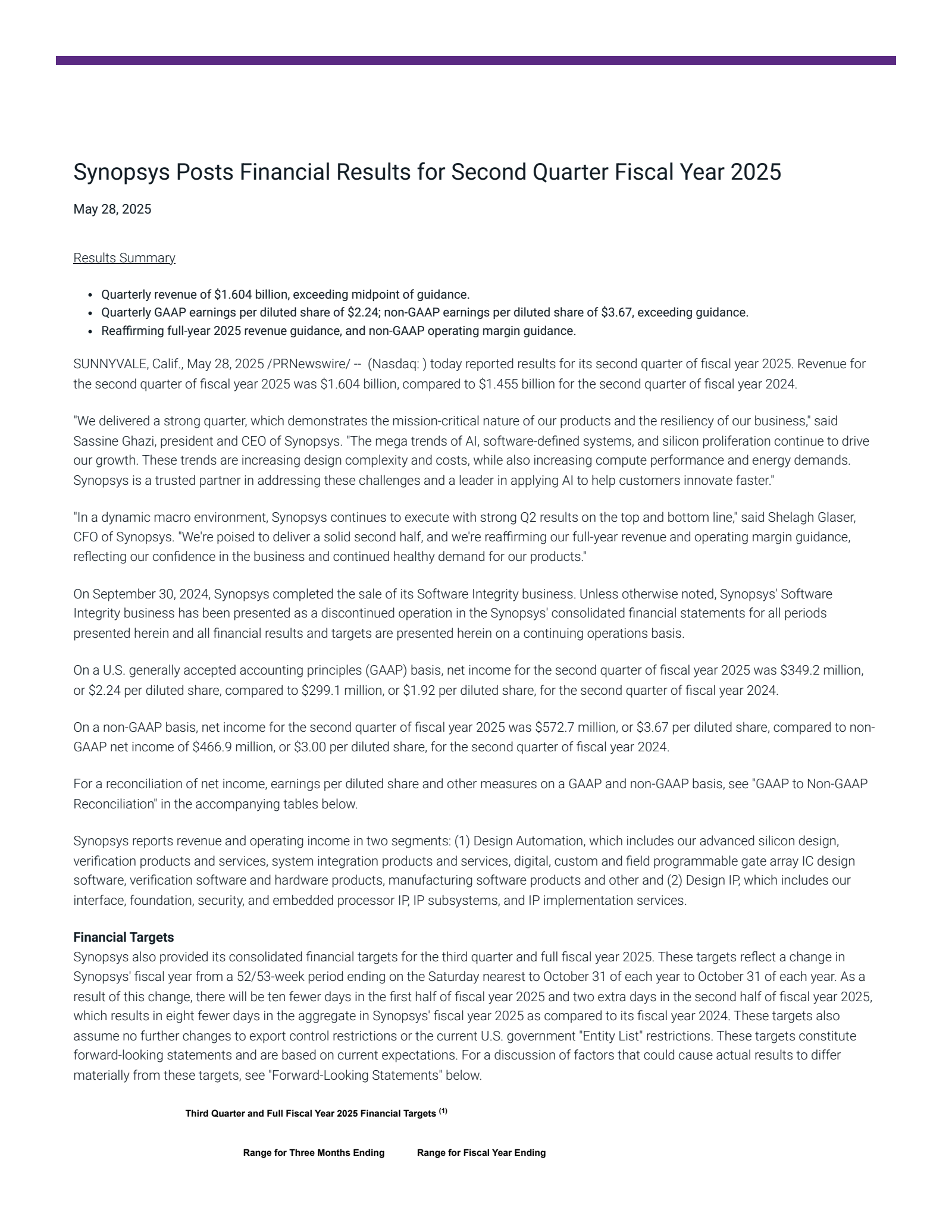 Synopsys' Q2 2025 Earnings Release
