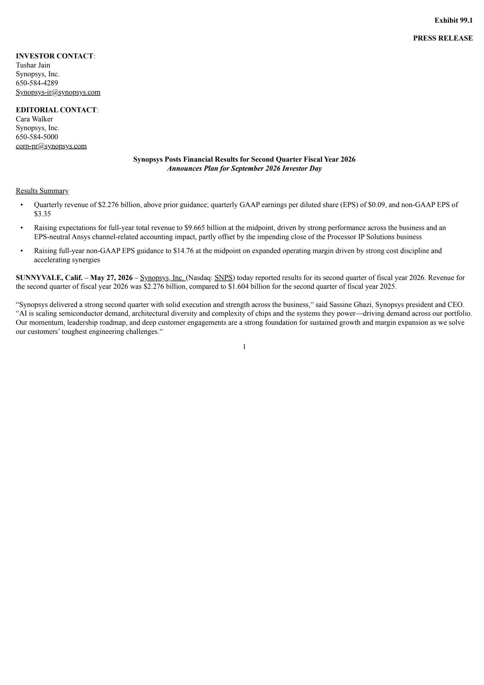 Synopsys' Q2 2026 Press Release