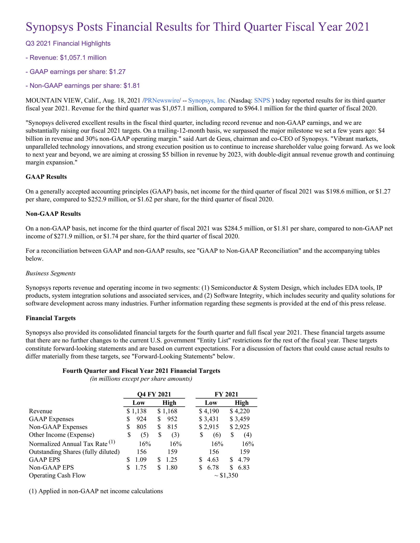 Synopsys' Q3 2021 Earnings Release