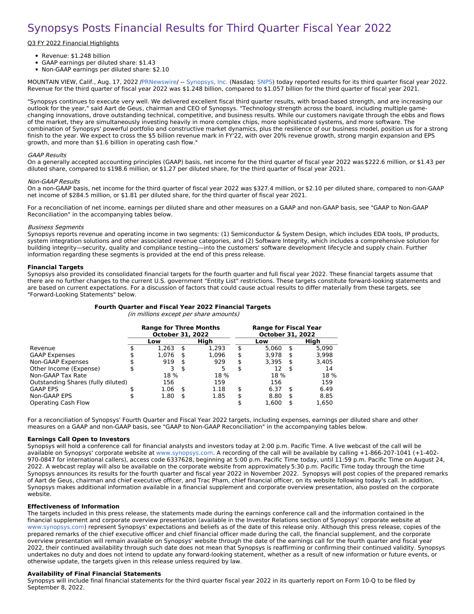 Synopsys' Q3 2022 Earnings Release